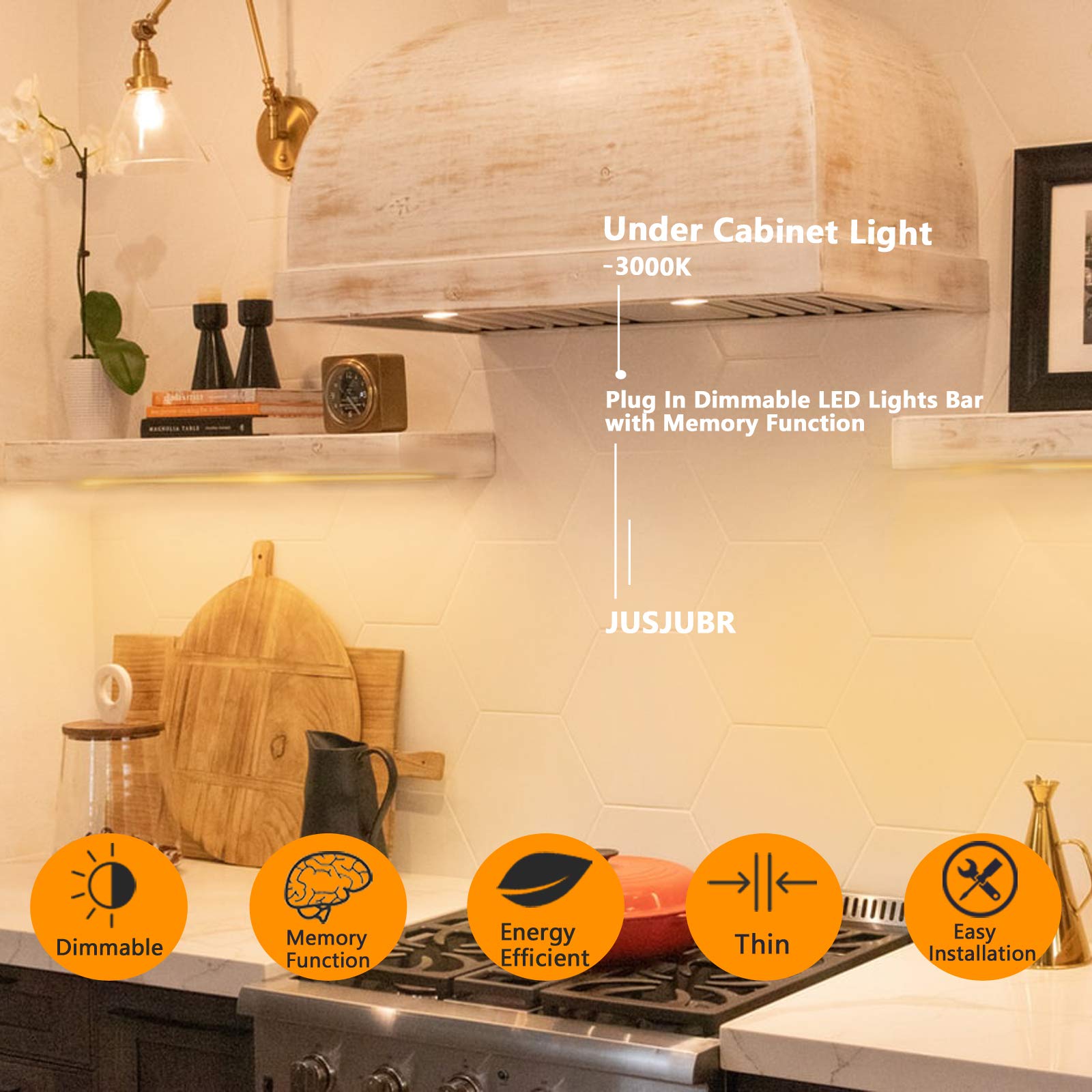 JUSJUBR 12-Inch Under Cabinet LED Lighting with Memory Function, 3000K Warm White Dimmable USB Light Bar for Kitchen Sink, Desk & Room - Slim Design (Plug Not Included) - Perfect for Under-Counter Illumination, Task Lighting & Home Decor