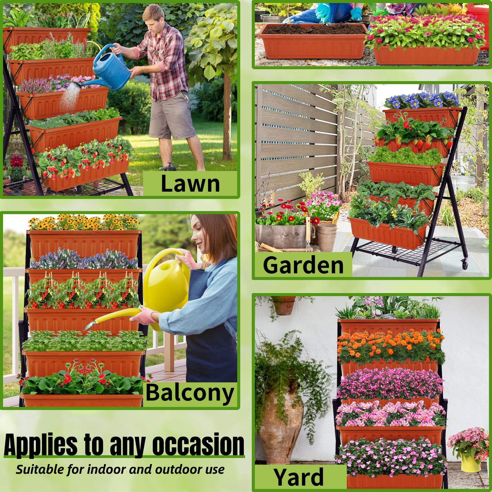 Homdox 4FT Vertical Garden Bed - 5 Tier Raised Planter Stand for Vegetables & Flowers (25.6x26x48 Inch) with 4 Hooks, 4 Wheels & Storage Rack - Brown | Perfect for Small Spaces, Balconies, Patios & Indoor Gardening