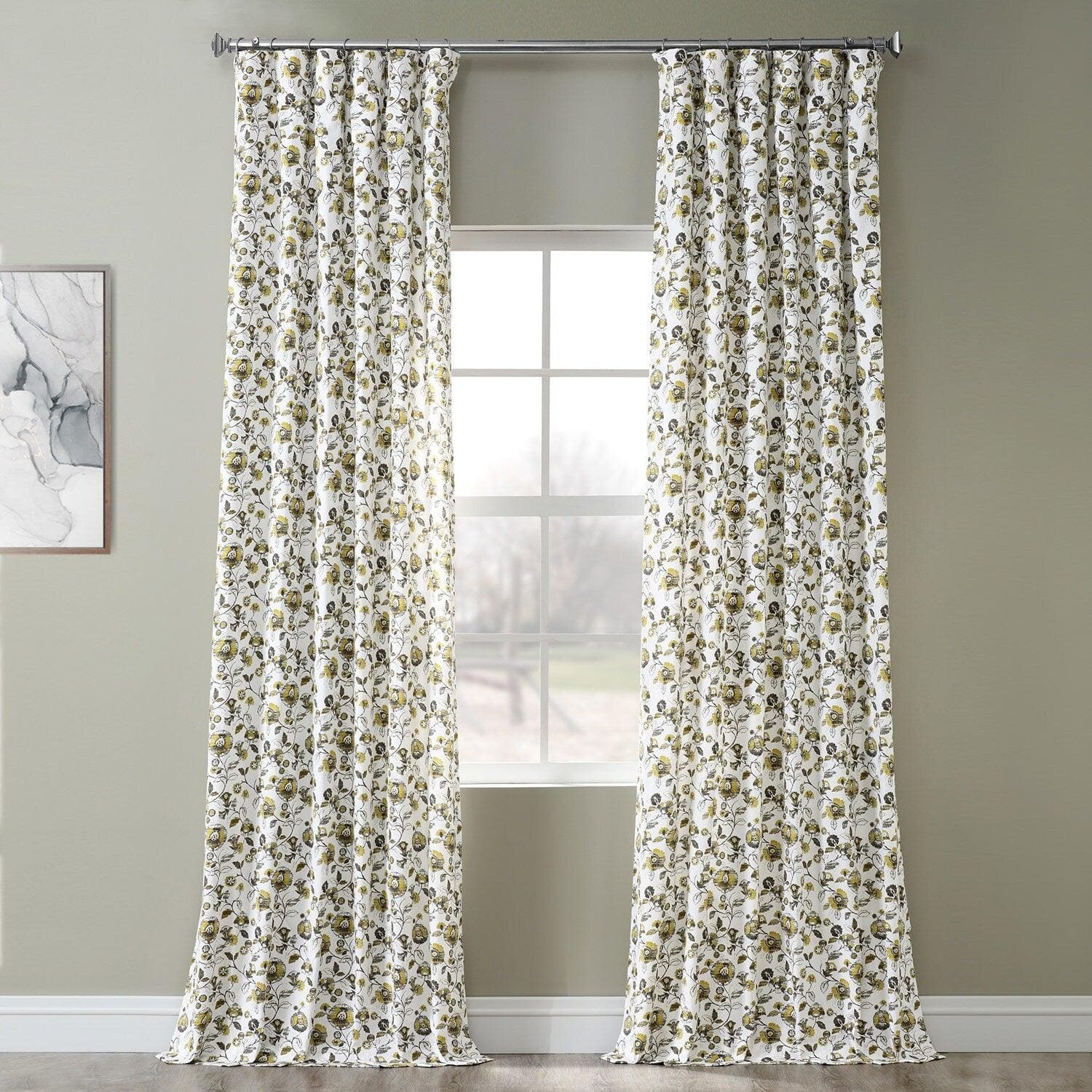 Madison Gold & Grey Floral Printed Cotton Blackout Curtains for Bedroom & Living Room - Light Blocking Window Drapes for Home Decor & Privacy
