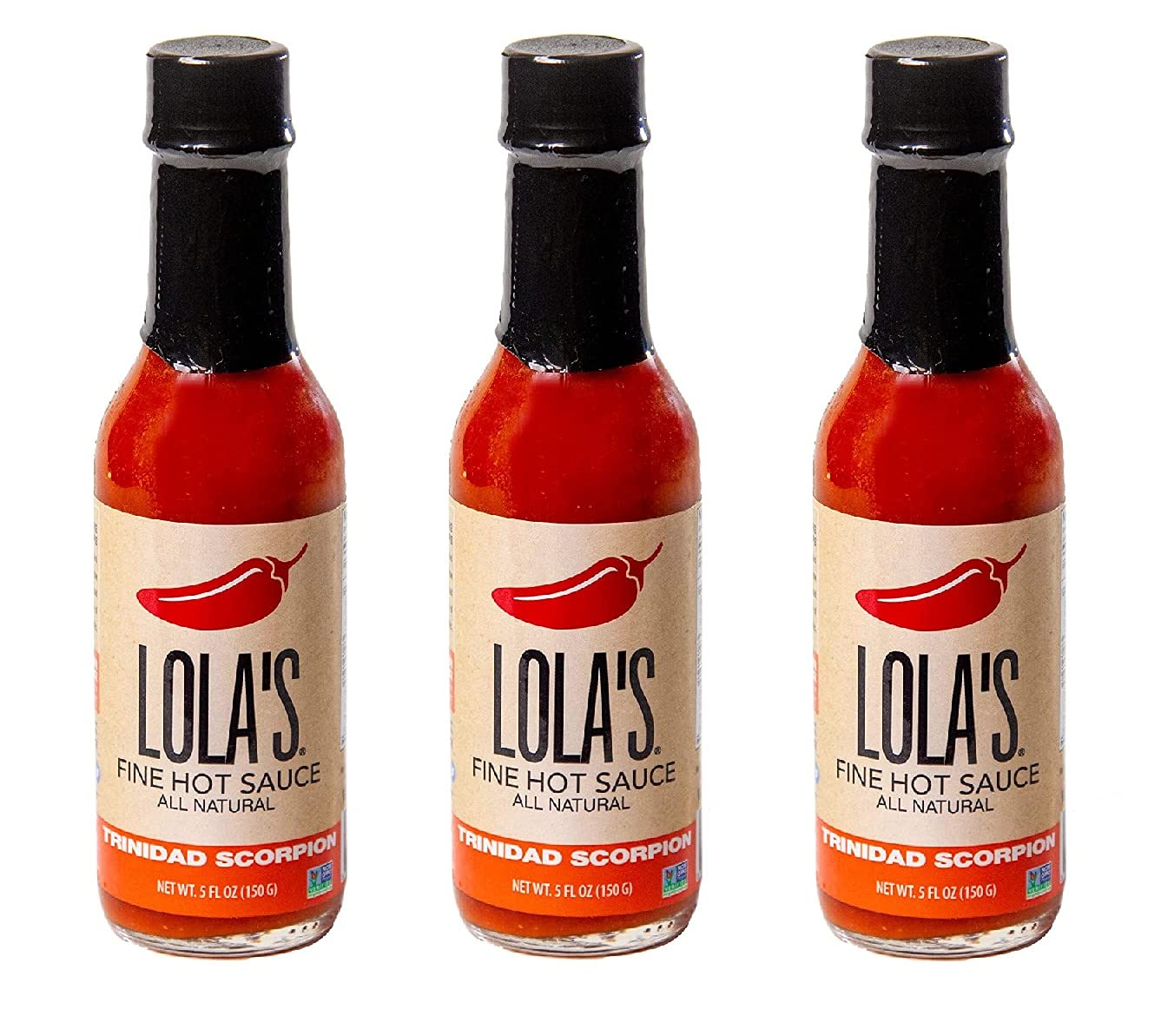 Lola's All Natural Trinidad Scorpion Hot Sauce - 5 oz Bottle (Pack of 3) - Extreme Heat Ghost Pepper Sauce for Tacos, Wings & BBQ - Gluten Free & Vegan Friendly