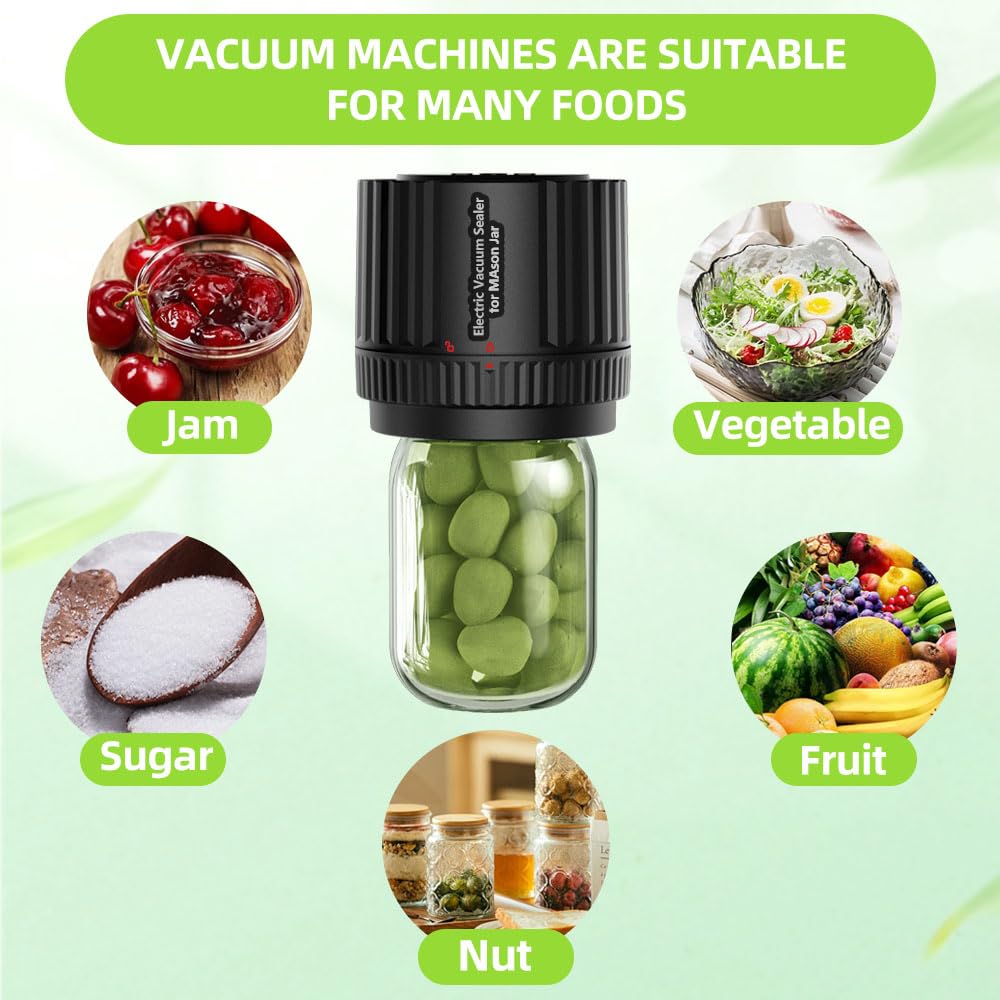 Electric Vacuum Sealer for Mason Jars - Food Preservation System with LED Indicator for Canning, Fermentation & Long-Term Storage | Wide & Regular Mouth Lids Compatible | Perfect for Meal Prep, Sous Vide & Pantry Organization (Model A001)