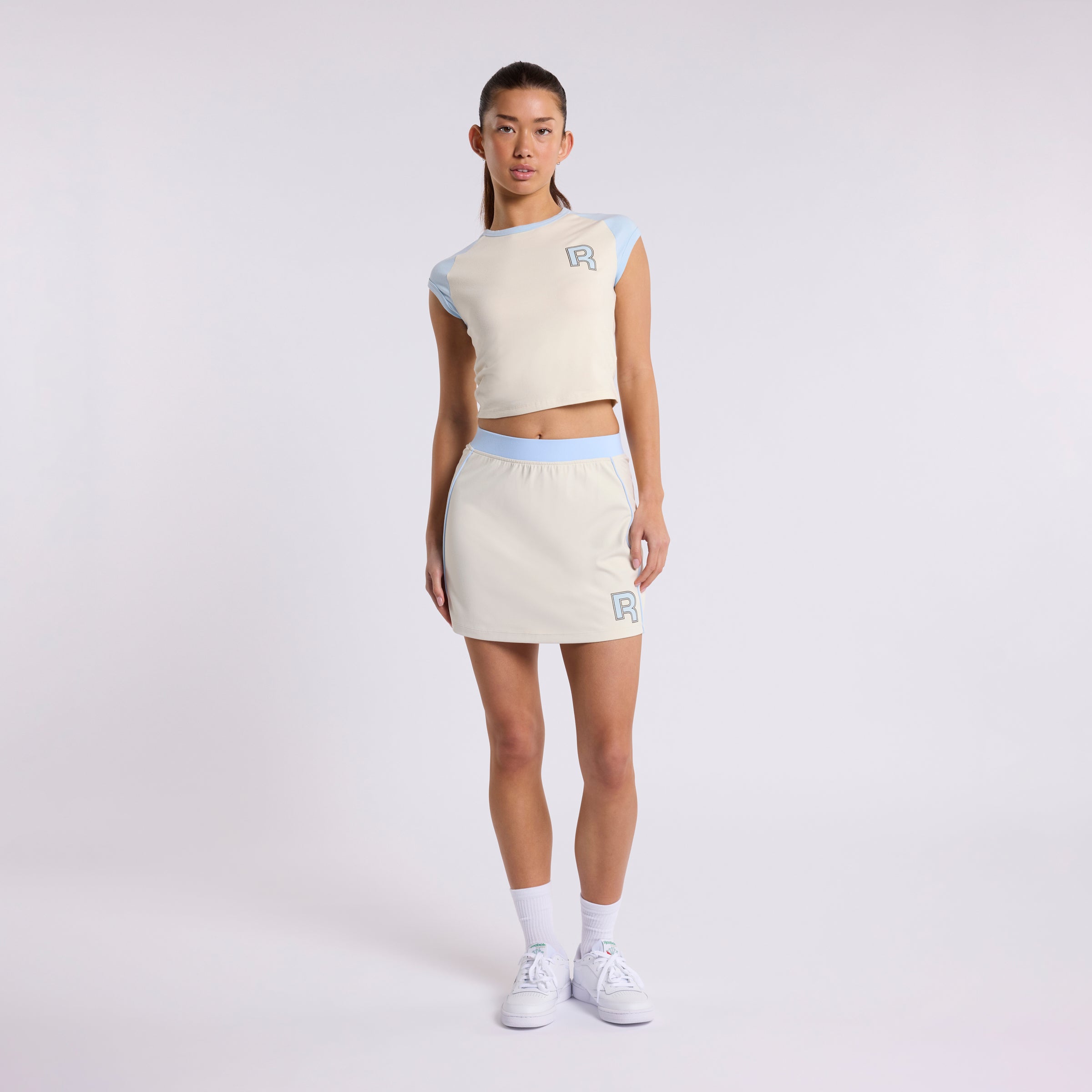 Women's OV Raglan Tee - Soft Alabaster & Blue Short Sleeve T-Shirt | Casual Comfort Fit for Everyday Wear, Gym & Outings