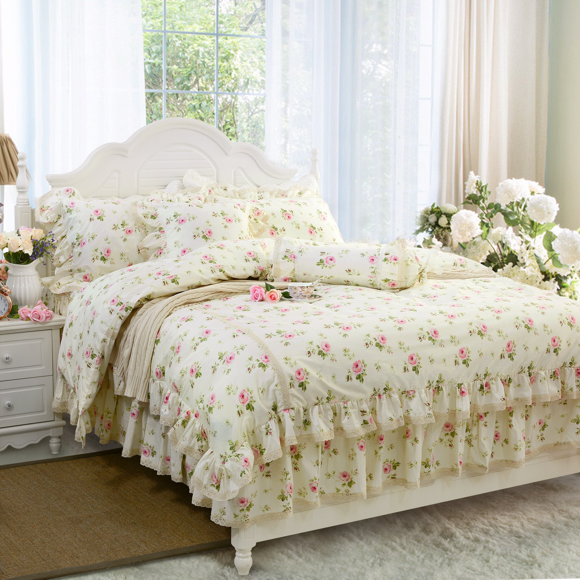 FADFAY Rosette Floral Print Duvet Cover Set with Princess Lace Ruffle - 3 Piece King Size Bedding Set for Girls | Elegant Bedroom Decor for Teen Rooms & Princess Themed Bedrooms