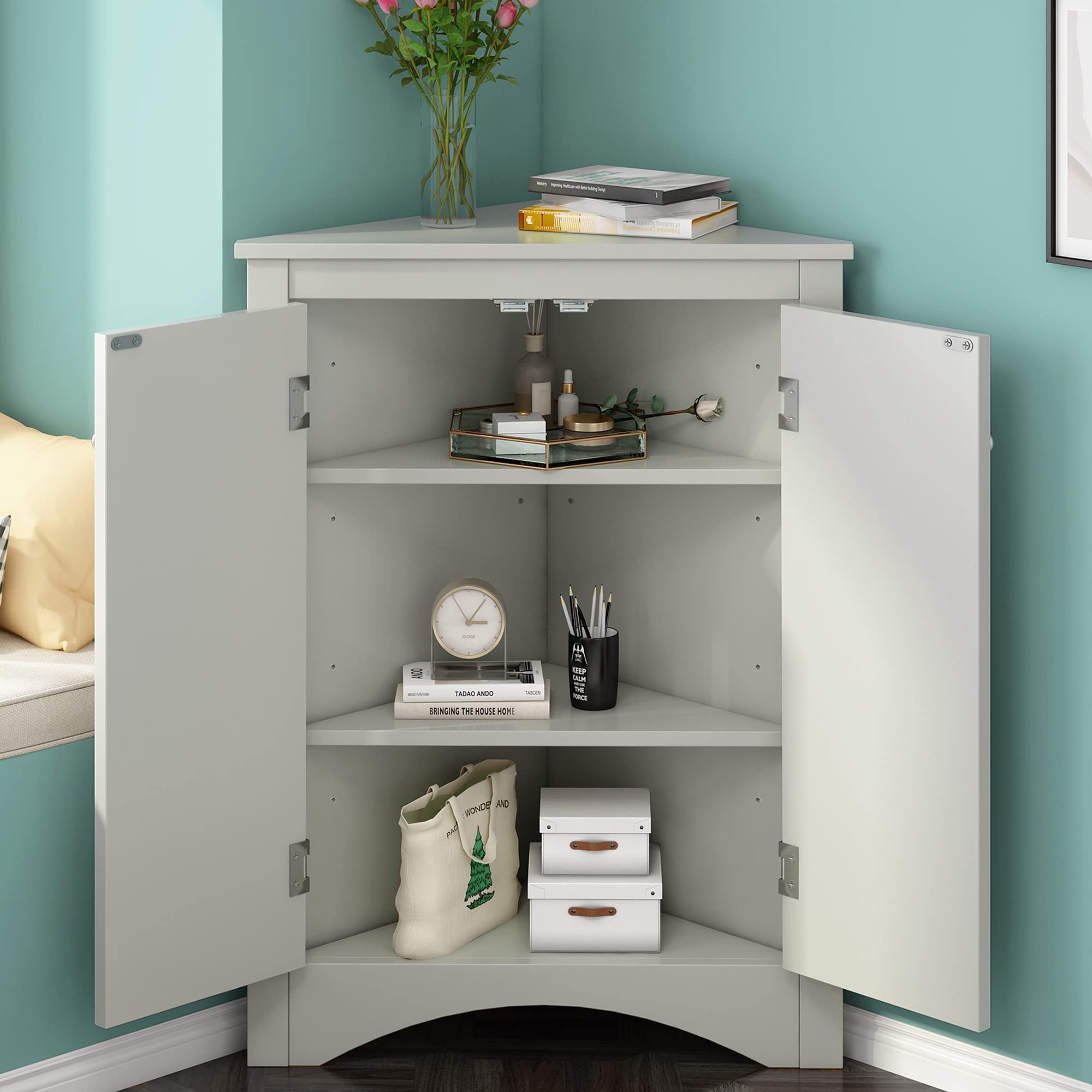 P PURLOVE Adjustable Shelves Triangle Bathroom Storage Cabinet - Freestanding 2-Door Floor Organizer for Bathroom & Home, Ample Storage Space in Gray | Perfect for Small Bathrooms, Laundry Rooms & Closet Organization