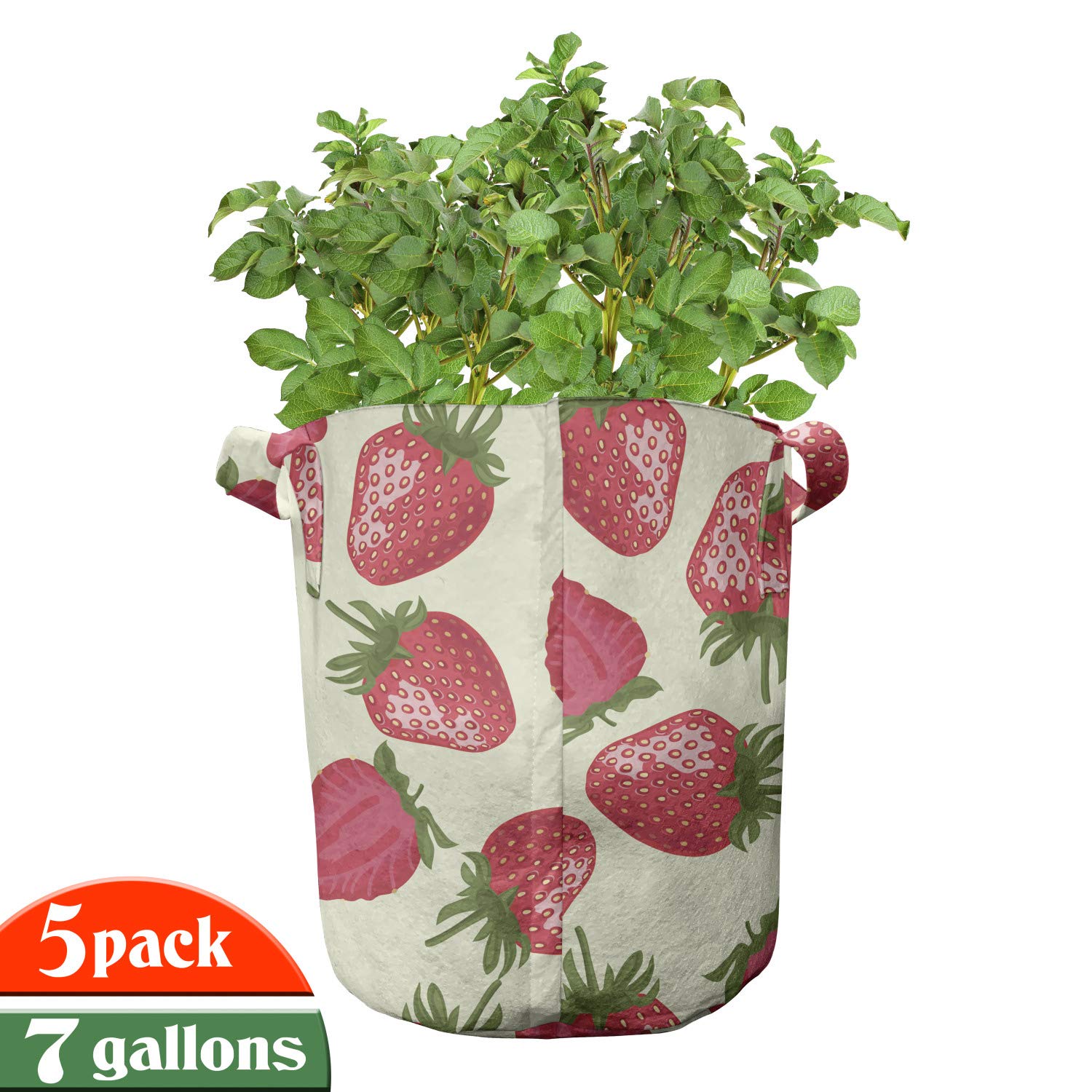 Ambesonne 5-Pack Heavy Duty Fabric Grow Bags with Handles - Strawberry Print Plant Pots for Fruits & Vegetables, Olive Green & Eggshell Red - Perfect for Indoor Gardening, Balcony Planting & Urban Farming