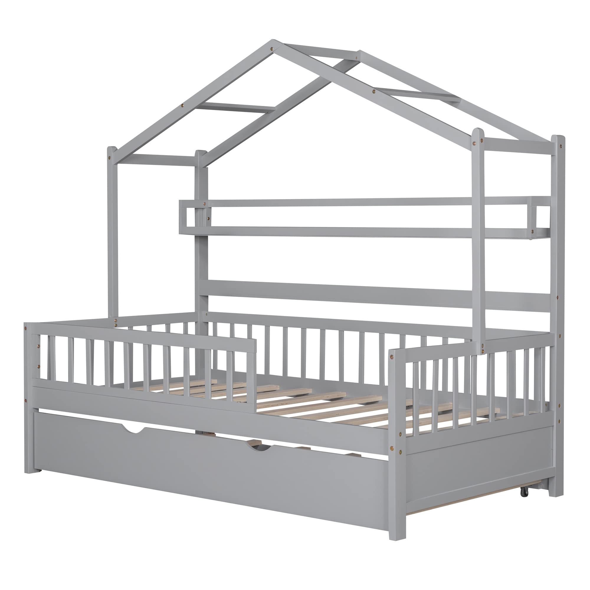 Merax Twin Size House Bed with Trundle - Wooden Twin Platform Bed Frame with Storage Shelf, No Box Spring Required, Gray - Perfect for Kids' Rooms, Guest Rooms & Small Spaces