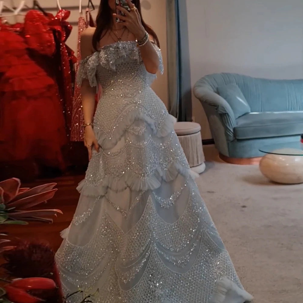 Luxury Dubai Arabic Gray A-Line Off-The-Shoulder Beaded Saudi Evening Gown LA72762 for Formal Events, Weddings & Red Carpet Occasions