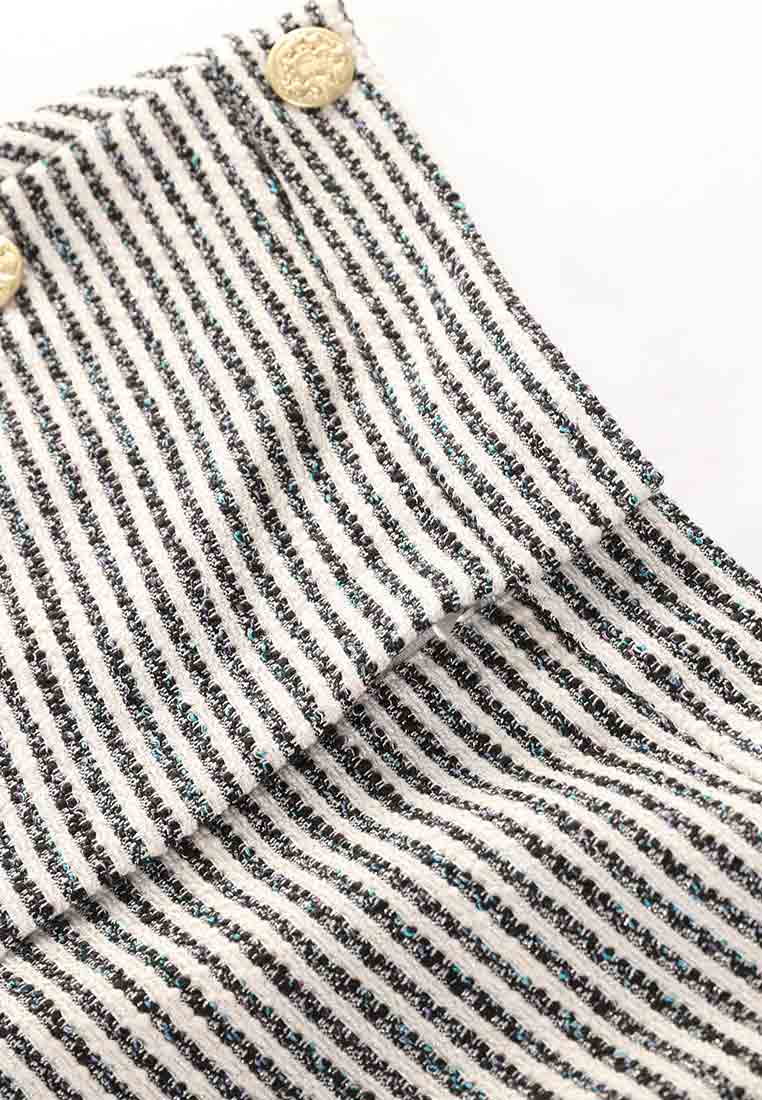 Black and White Striped High Waisted Tweed Knee-Length Shorts for Women | Casual Summer Outfit & Beach Vacation Wear