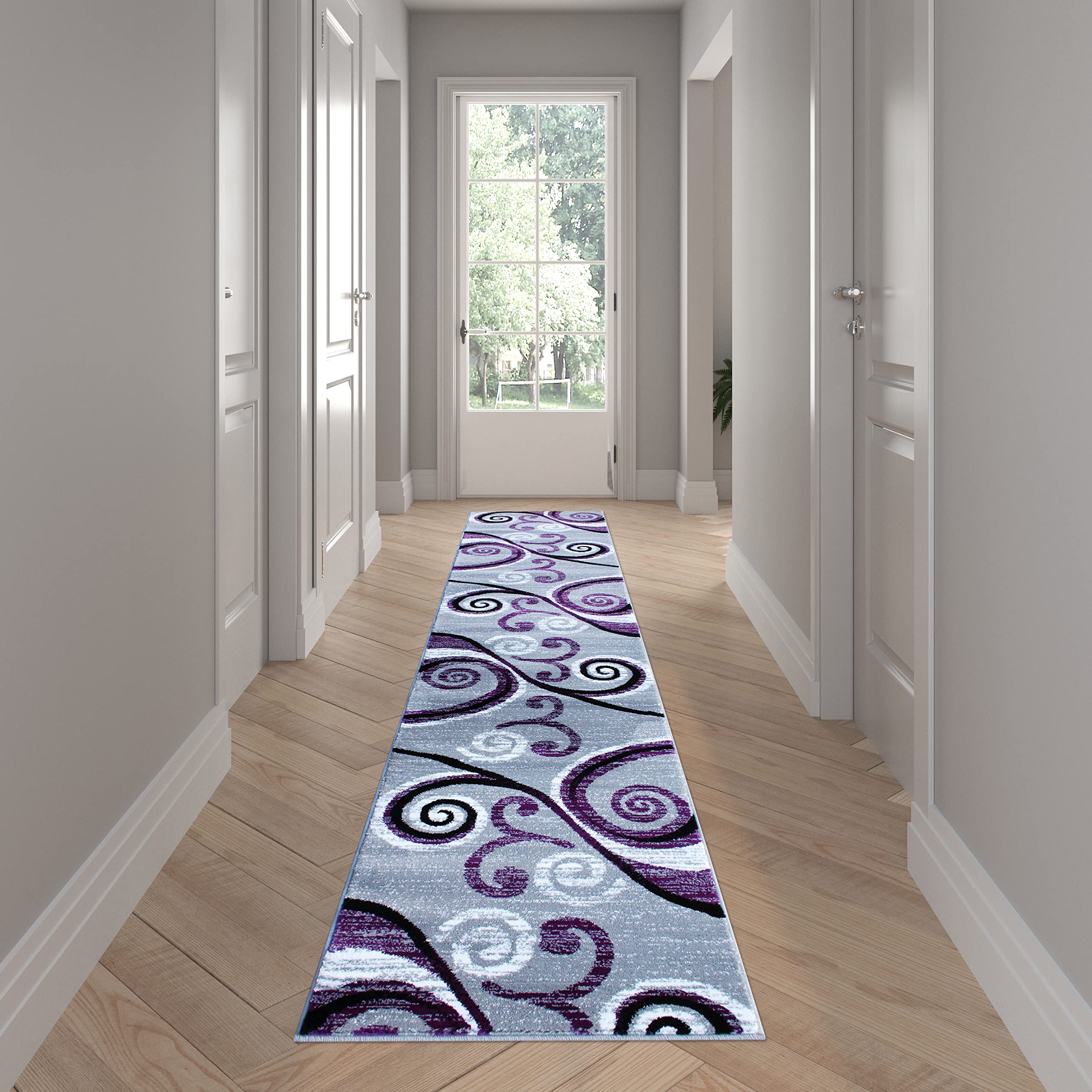 EMMA + OLIVER Helix Olefin Accent Rug - Scraped Look Swirl Pattern - 2x11 Feet - Plush Pile Facing - Easy to Clean - Jute Backing - Moisture & Stain Resistant - Perfect for Living Room, Bedroom or Office Decor