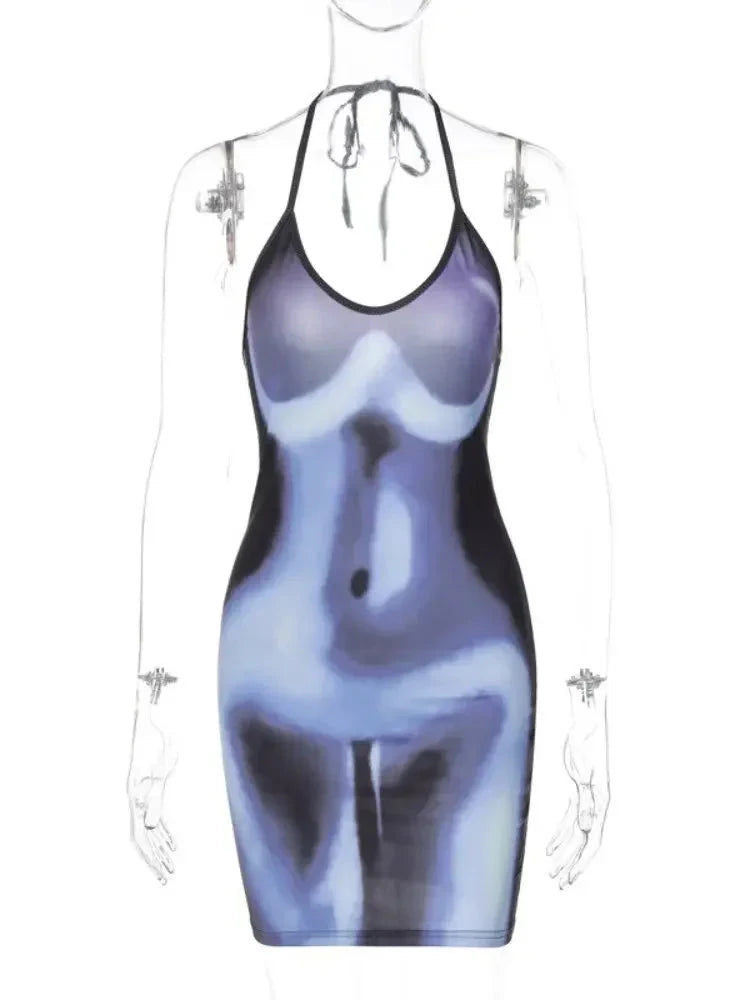 3D Body Print Sexy Mini Dress Y2k Streetwear Backless Halter Neck Bodycon Dress for Women - Perfect for Club Outfits, Nightlife and Party Wear