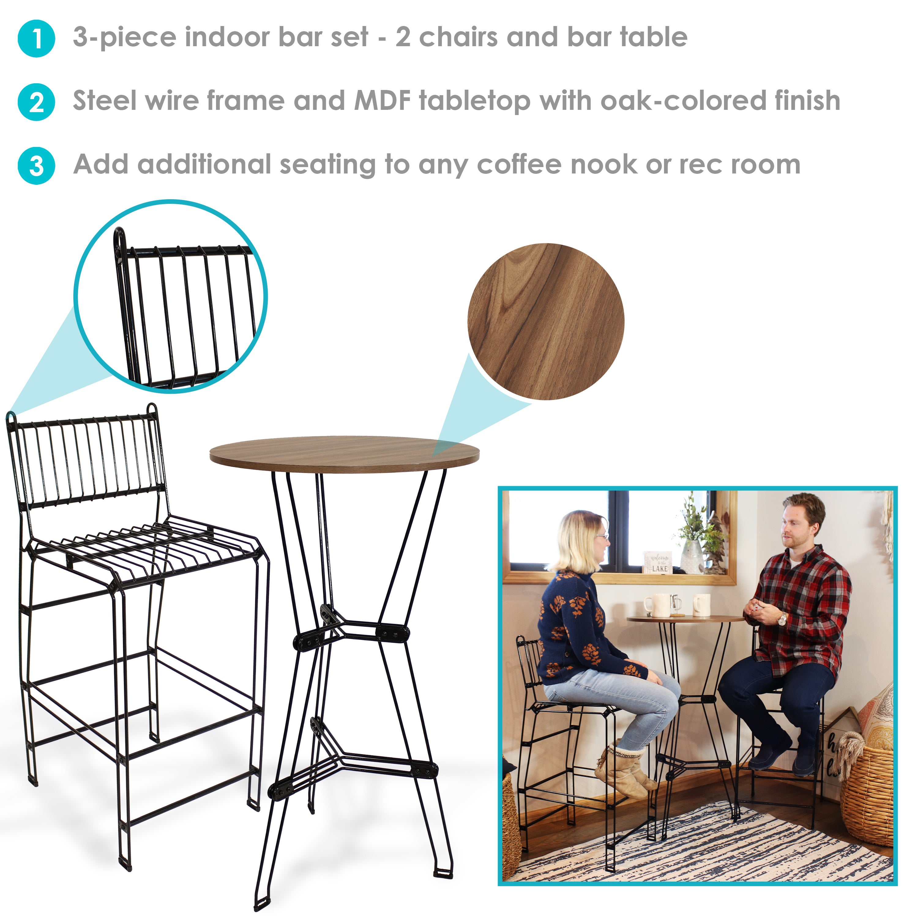Sunnydaze 3-Piece Outdoor Wire Bar Table and Chairs Set with Faux Woodgrain Top - Patio, Garden, and Poolside Dining Furniture for Backyard and Deck