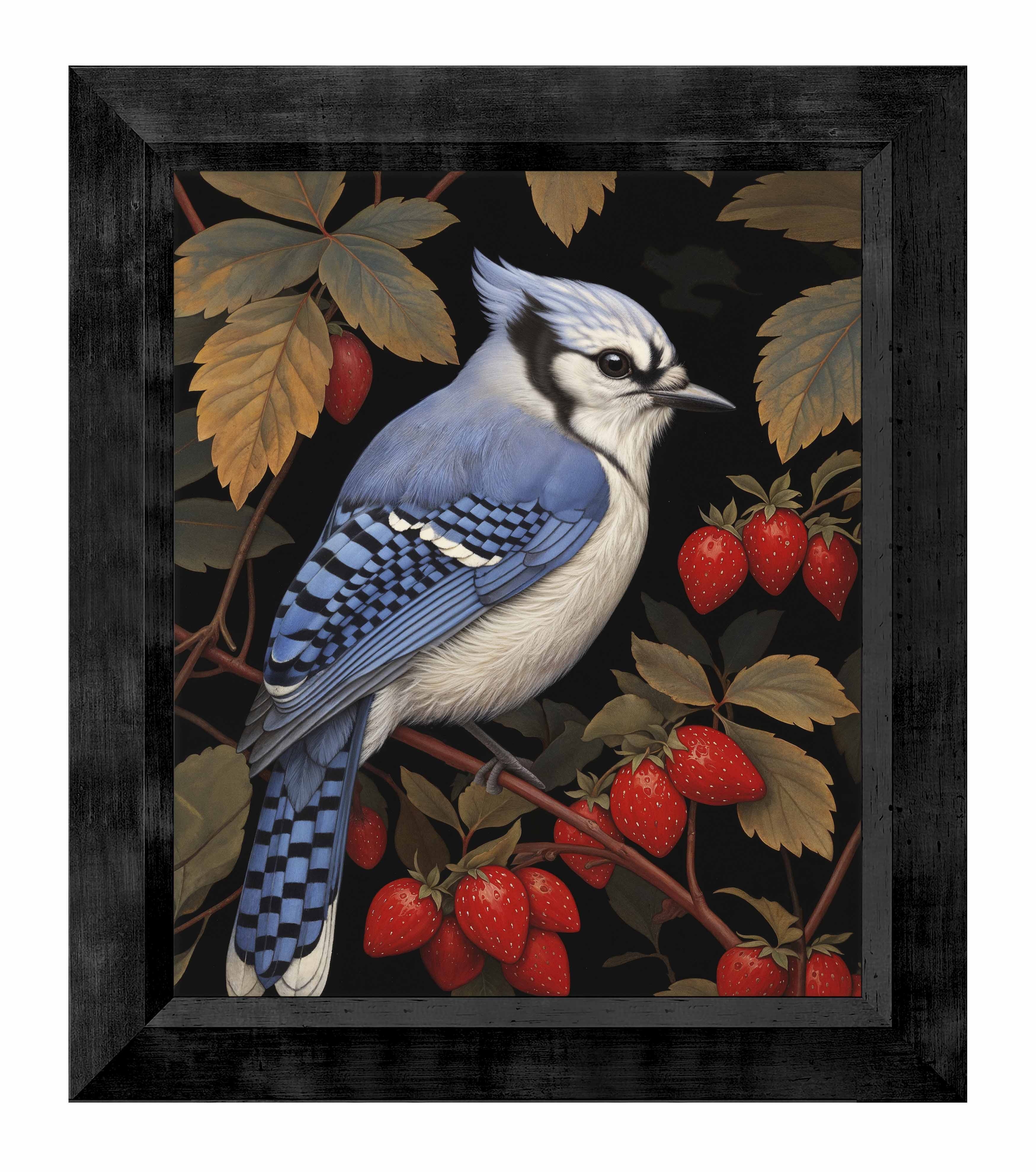 Berry Bliss Blue Jay in Strawberry Patch - Limited Edition Canvas Wall Art for Home & Office Decor | Nature Inspired Painting for Living Room, Bedroom, Nursery