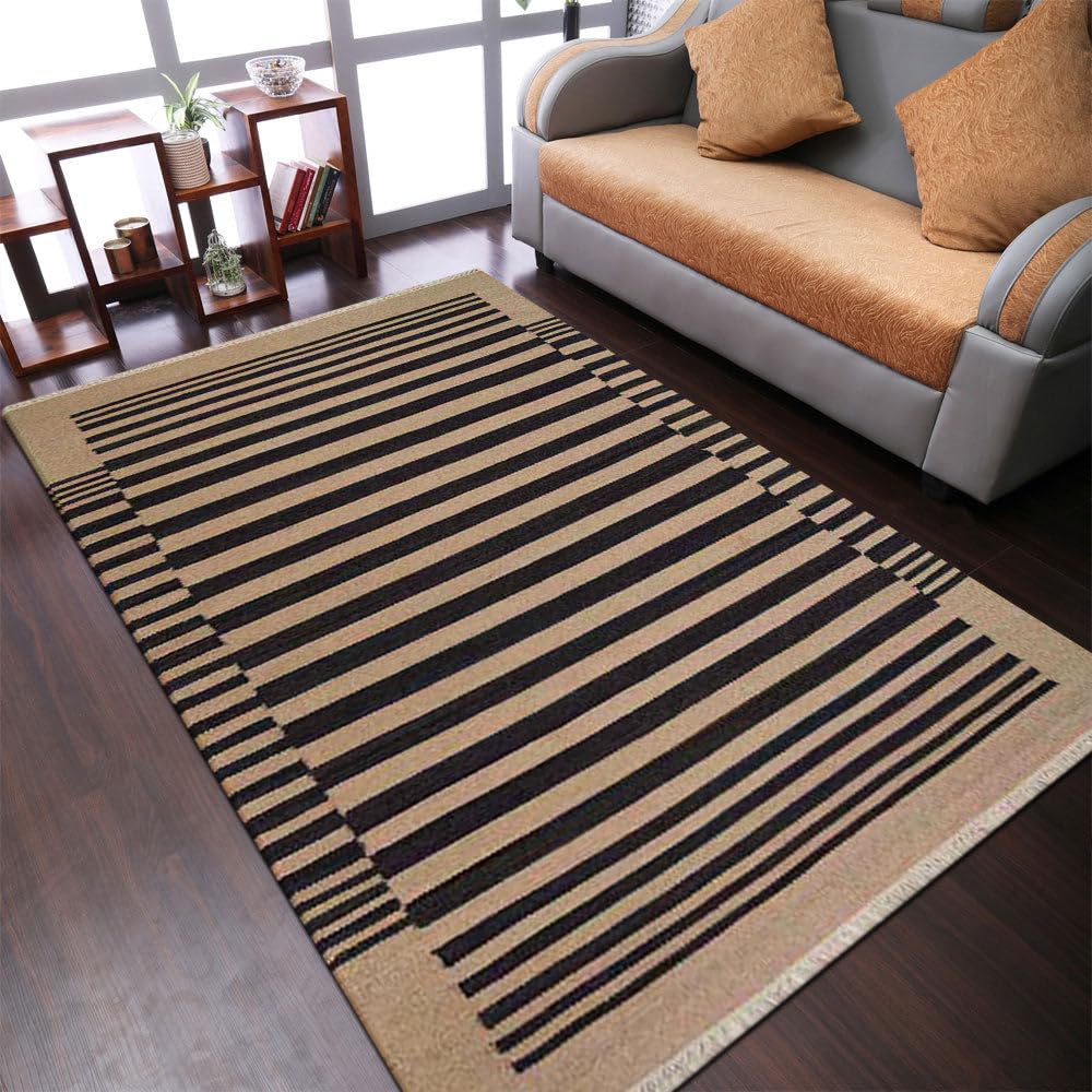 Hand Woven Flat Weave Kilim Wool Eco-Friendly Area Rugs - 5'x8' Rectangle, Cream Charcoal, Contemporary Low Pile Handmade Rug for Living Room, Bedroom & Dining Room Decor (D00125)