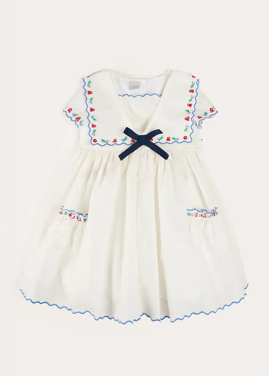 Embroidered Mariner Collar Short Sleeve White Dress for Girls 12 Months to 10 Years - Perfect for Summer Outfits, Beach Vacations & Casual Wear