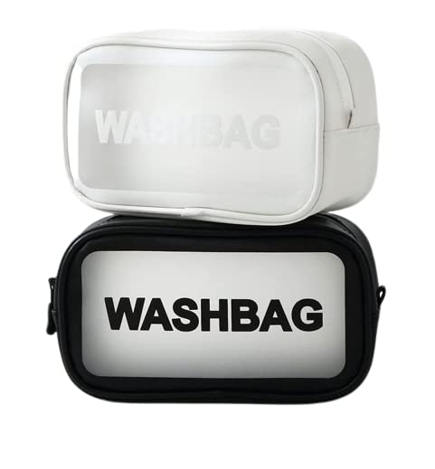 PACZO Small Waterproof Transparent Makeup Bag - Travel Cosmetic Organizer with Zipper, PVC Portable Wash Bag for Toiletries (2-Pack, White & Black) - Perfect for Gym, Travel & Daily Use