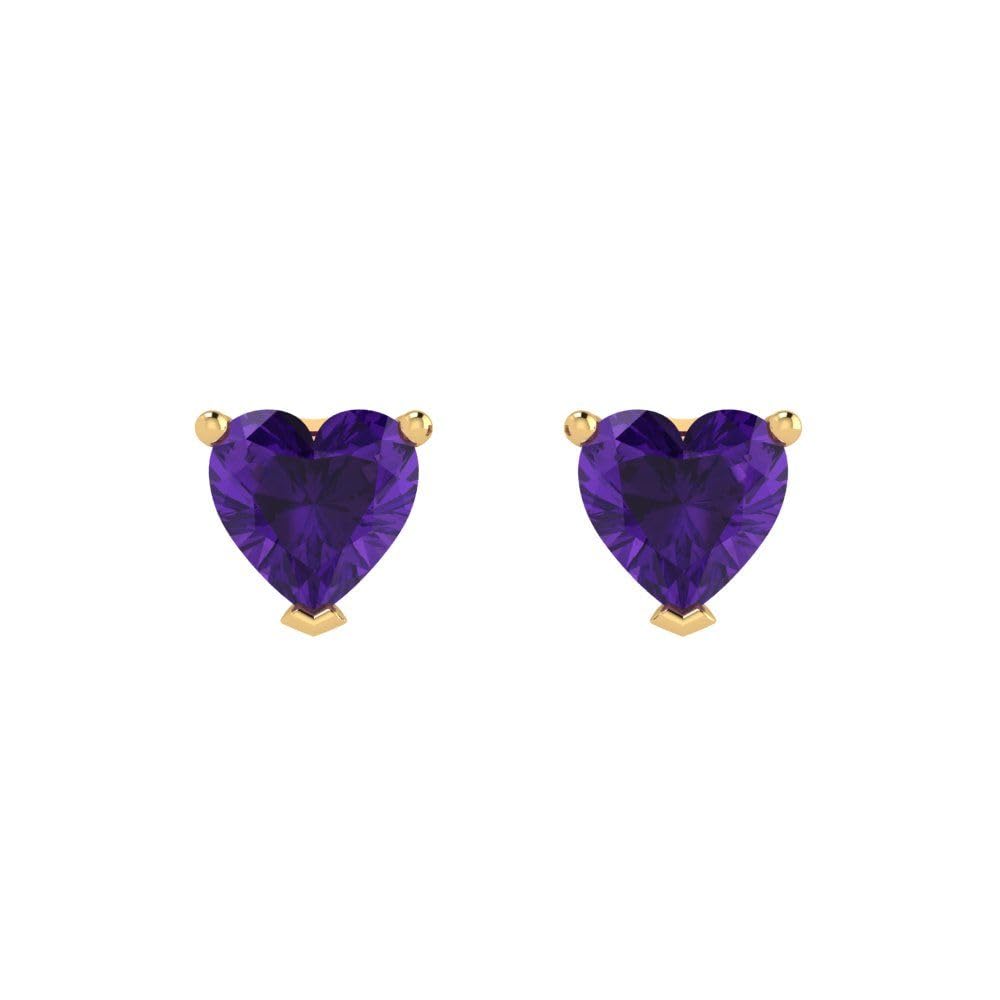 1.50 Carat Heart Cut Solitaire Stud Earrings - Natural Amethyst Gemstone in 14K Yellow Gold, Push Back Closure - Perfect Anniversary Gift for Her, Valentine's Day Present, Romantic Jewelry for Special Occasions