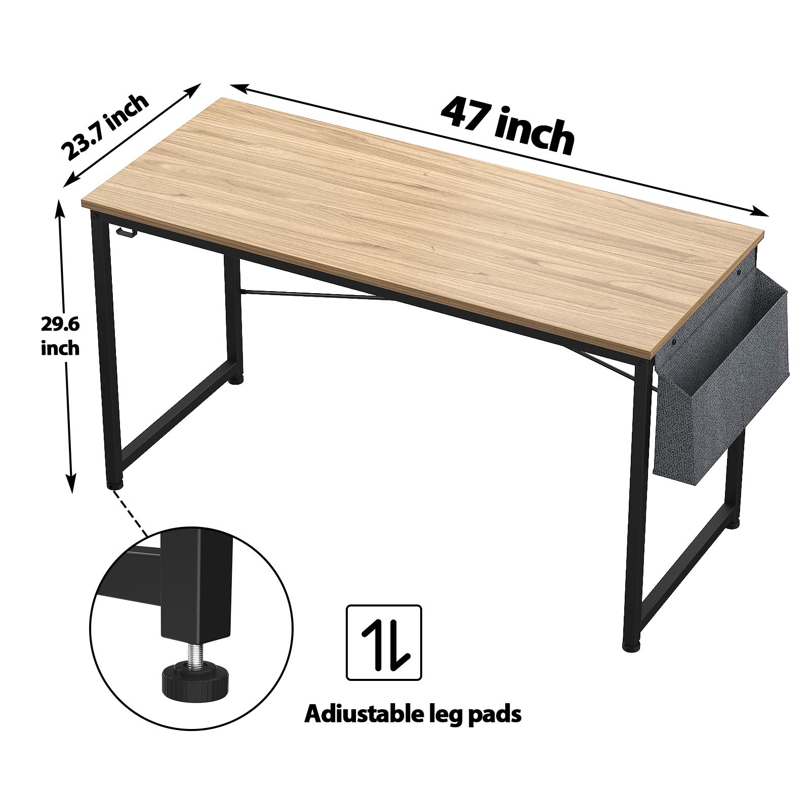 HomVent 47 Inch Modern Computer Desk - Home Office Writing Study Table with Storage Bag, Waterproof & Durable, Natural Wood Finish - Perfect for Small Spaces, Remote Work, and Student Dorms