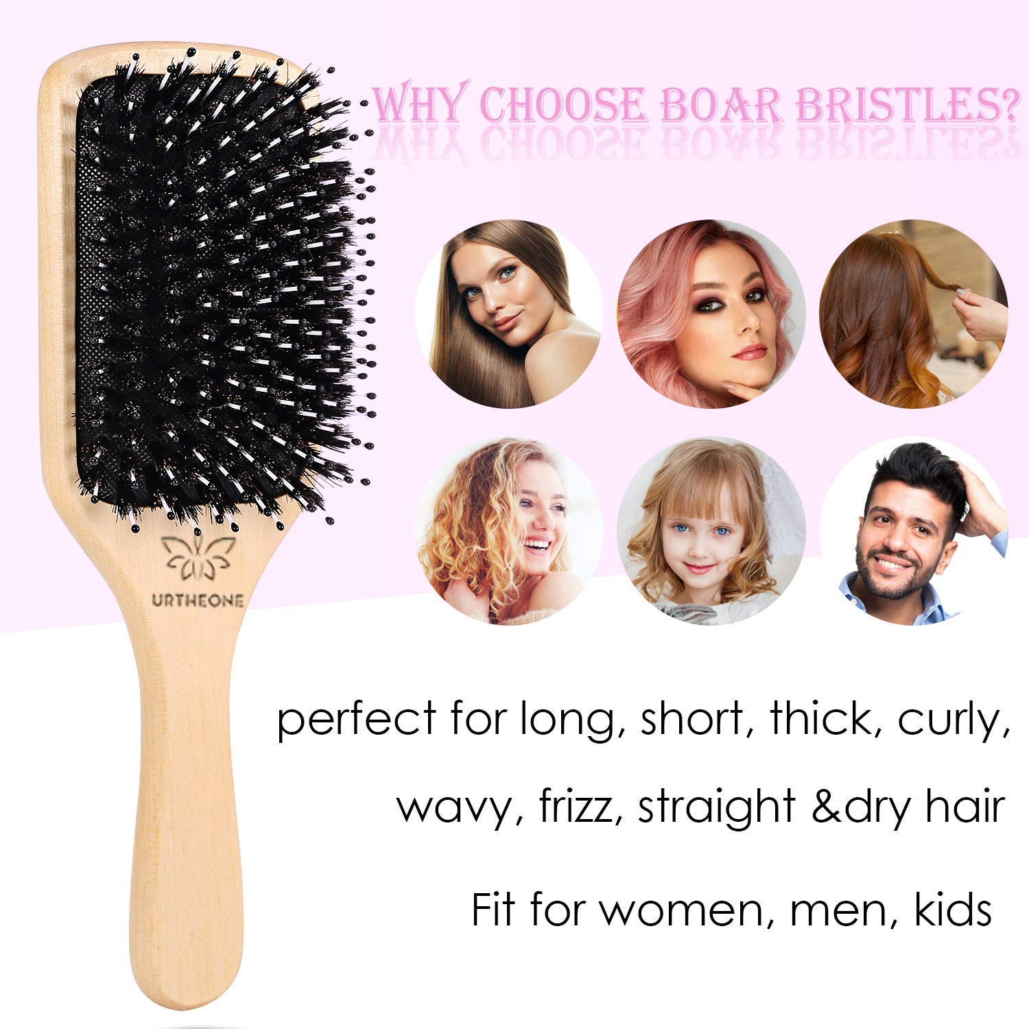 Natural Boar Bristle Hair Brush & Comb Set for Women, Men & Kids - Wooden Paddle Hairbrush with Travel Styling Brush for Wet/Dry Hair - Detangle, Smooth & Massage - Perfect for Home Use, Travel & Daily Hair Care