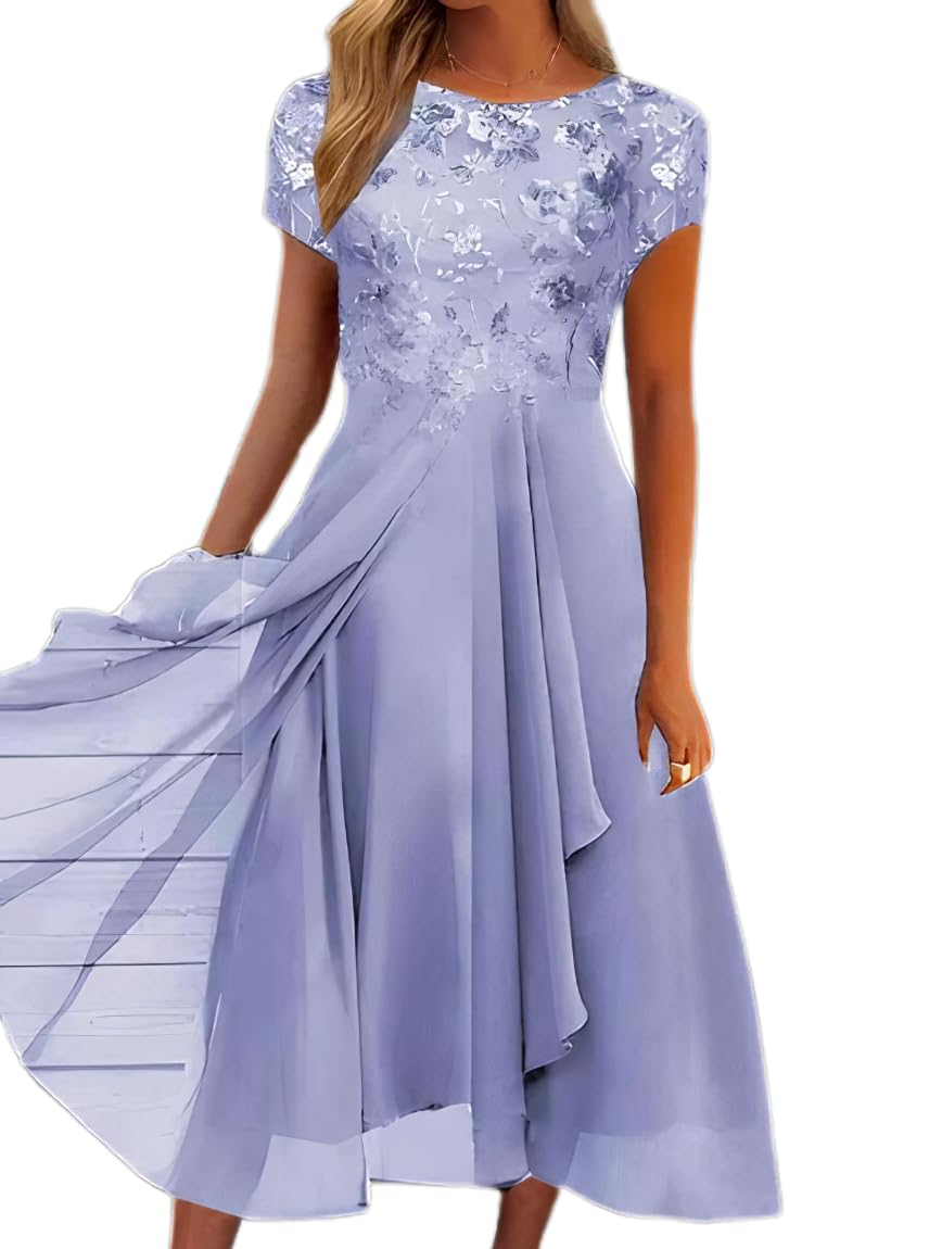 Akivide Women's Summer Chiffon Lace Maxi Dress - Short Sleeve Flowy Formal Evening Gown for Wedding Guest, Beach Party & Special Occasions