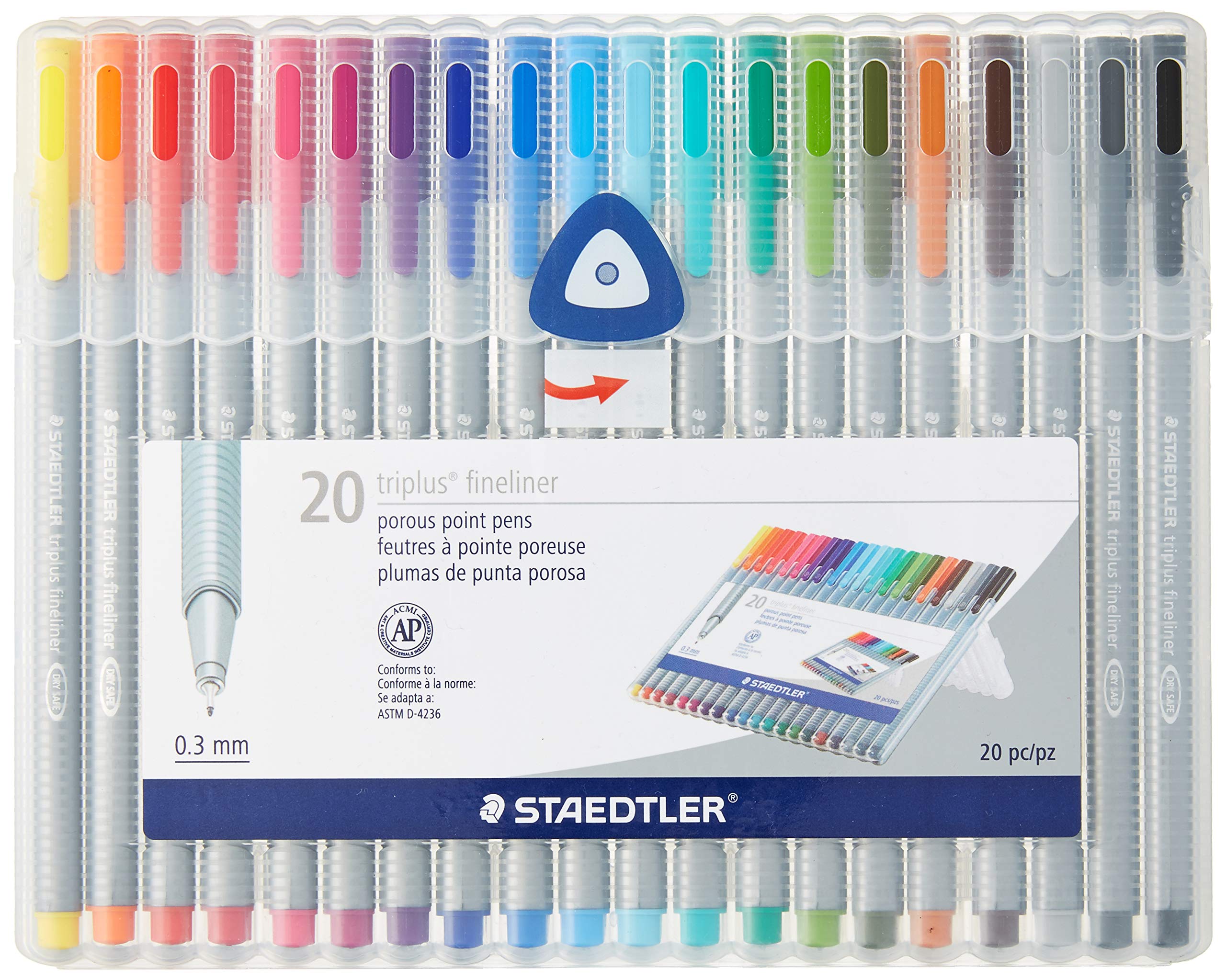 Staedtler Triplus Fineliner Pens - 20 Pack, 0.3mm Fine Tip, 20 Vibrant Colors for Drawing, Note Taking & Bullet Journaling | Premium Metal-Clad Marker Pens for Artists, Students & Office Use