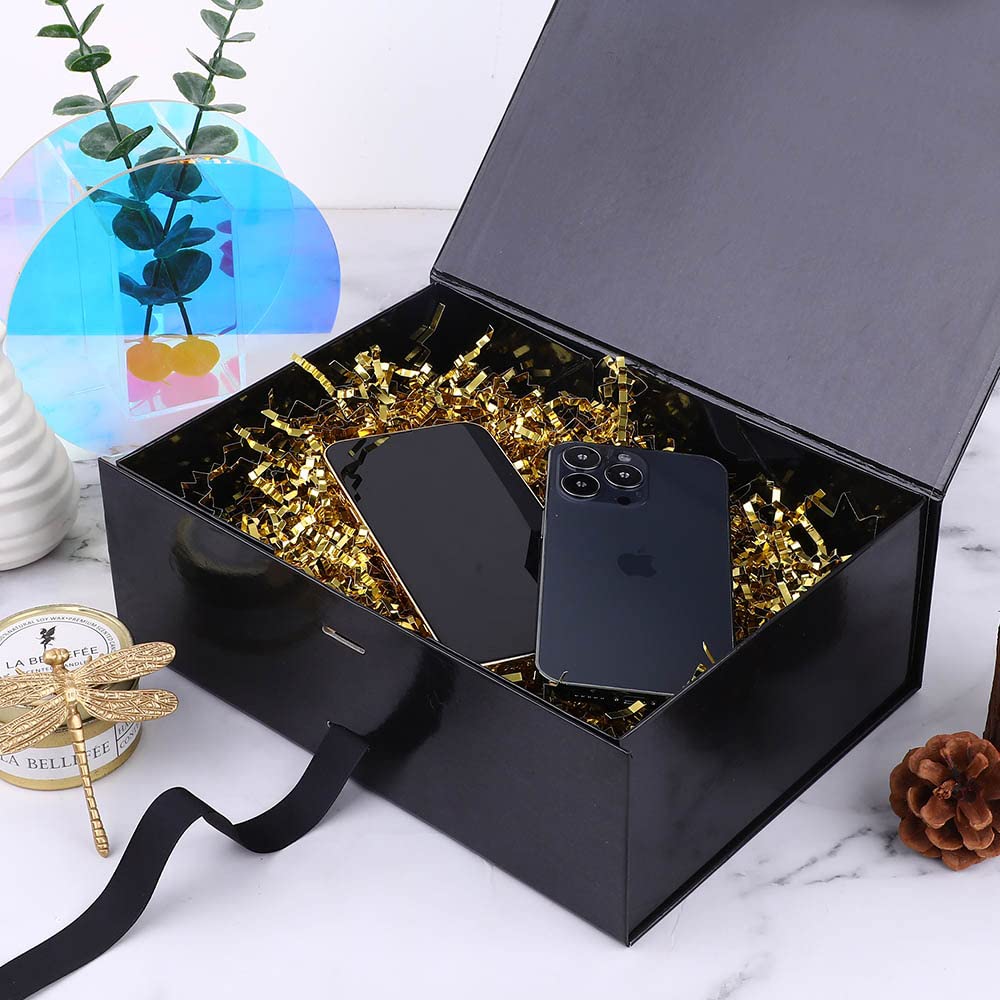 Premium 10x7.3x3.5 Inch Black Gift Box with Magnetic Closure & Ribbon - Elegant Empty Present Box for Weddings, Groomsmen Gifts, Jewelry & Luxury Packaging (Glossy Black) - Perfect for Anniversary, Birthday & Holiday Gift Wrapping