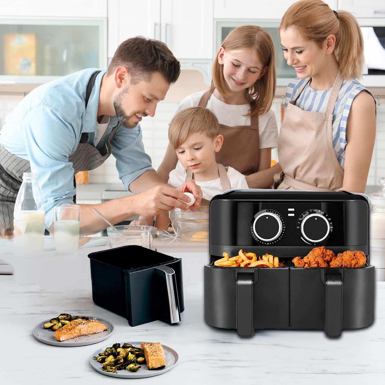 200 Sheets Disposable Air Fryer Parchment Paper Liners - Compatible with Ninja Foodi & 8 Quart 6-in-1 Dual Basket - Non-Stick Rectangle Perforated Baking Sheets for Healthier Cooking | Perfect for Roasting, Baking, and Air Frying Chicken Wings, Vegetables & More