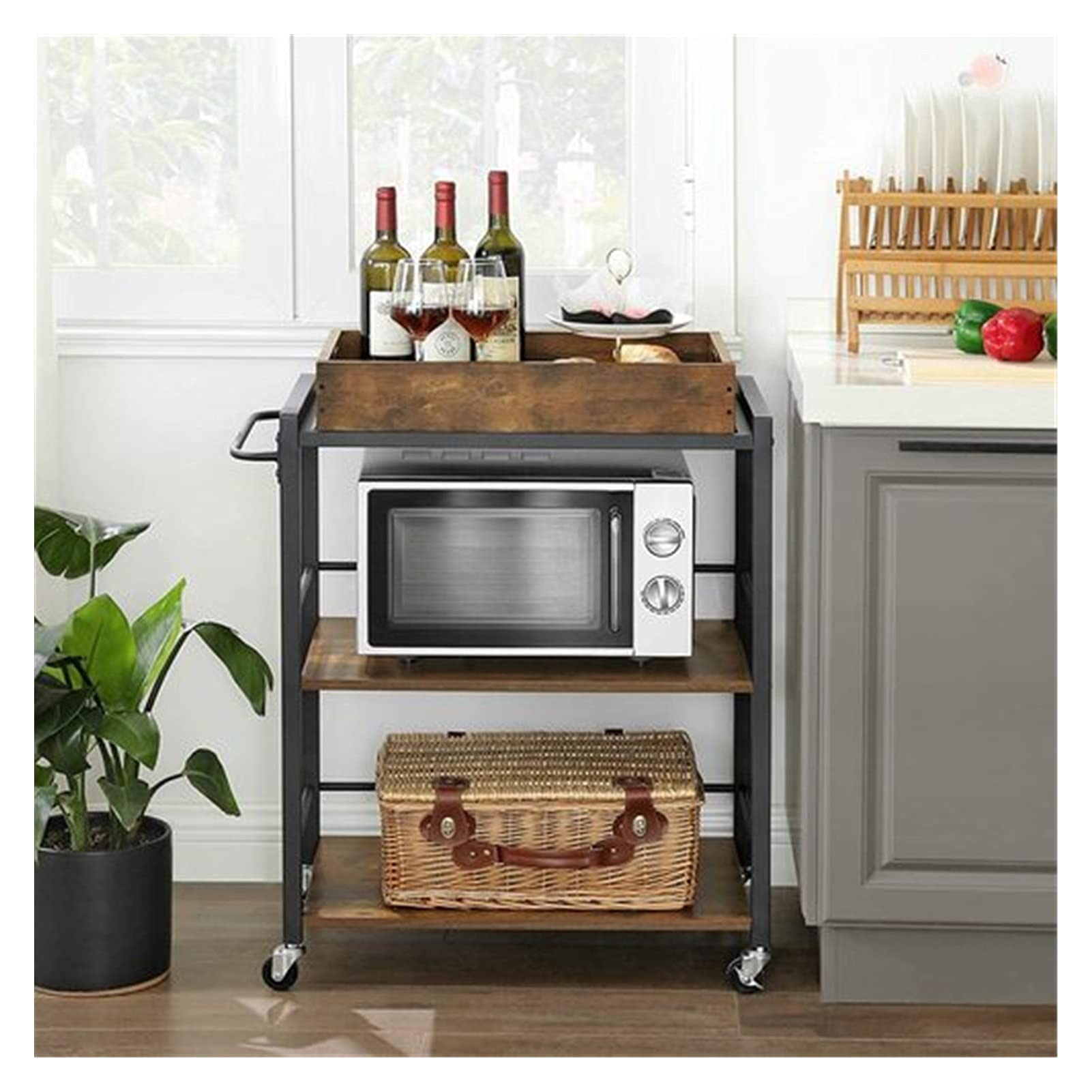 TOPOU Kitchen Rack Bar Cart with Wheels - Rustic Brown & Black Serving Utility Cart for Kitchen, Dining Room, or Outdoor Entertaining