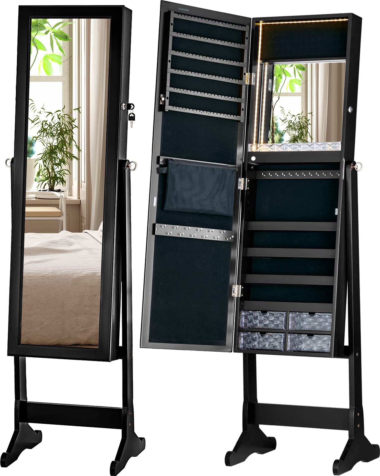 LUXFURNI LED Mirror Jewelry Cabinet Armoire - Freestanding Jewelry Storage Organizer with Full Length Mirror, Large Jewelry Storage with Built-in Lighted Mirror & Lock (Black) | Perfect for Bedroom, Dressing Room & Closet Organization