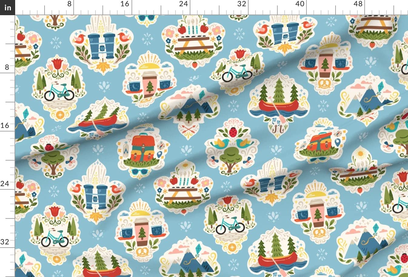 Outdoor Adventure Damask Circus Design Fabric - Mountains, Lake, River Picnic Print on Soft Minky Fabric by The Yard for Sewing Baby Blankets, Quilt Backing & Plush Toys - Perfect for Nursery Decor, DIY Crafts & Outdoor Picnic Accessories