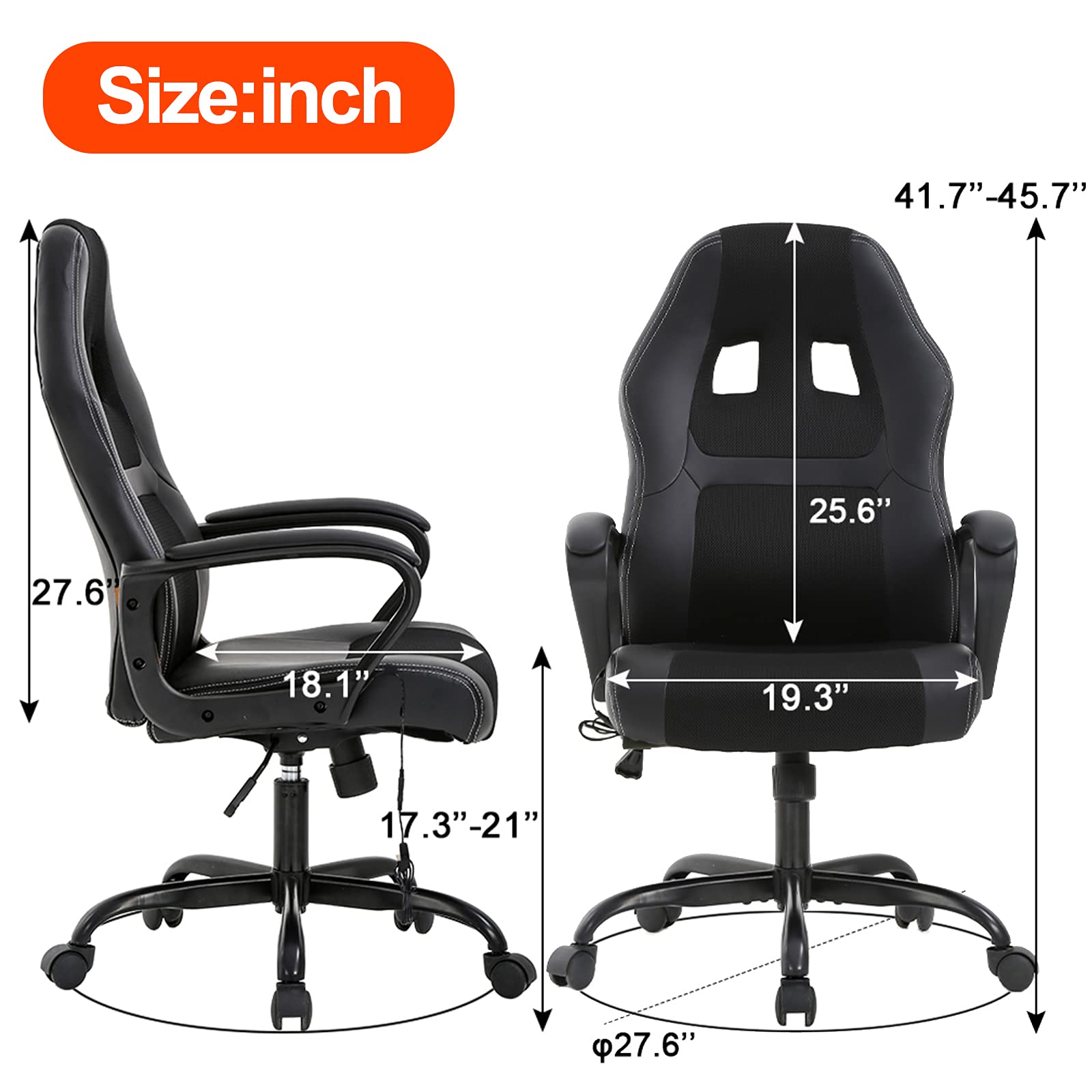 Ergonomic Gaming Chair with Lumbar Support & Headrest - PU Leather High Back PC Office Chair with Wheels for Adults - Perfect for Long Gaming Sessions & Home Office Work - Black