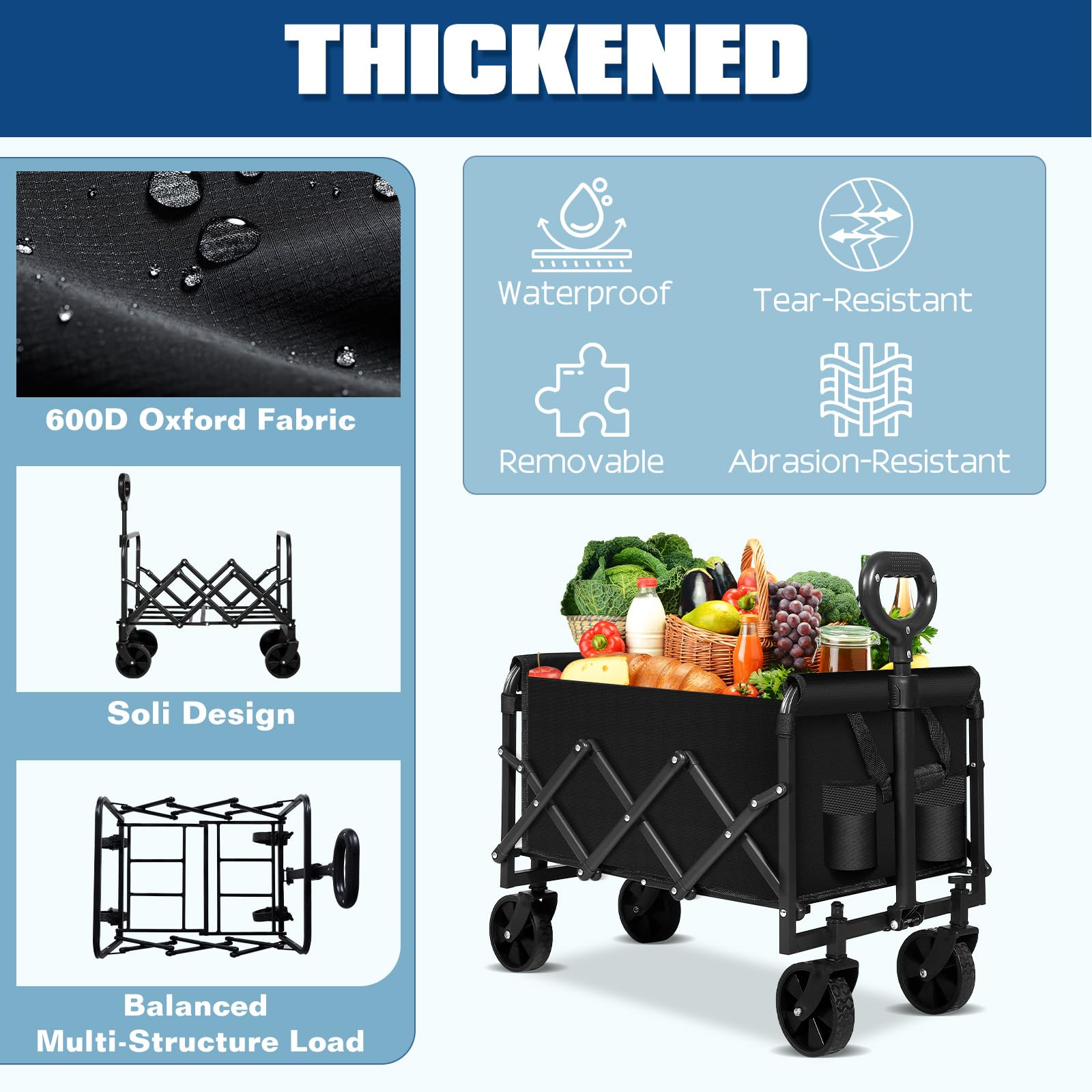 Heavy Duty Collapsible Wagon Cart with Large Capacity - Foldable All Terrain Beach Cart with Wheels for Camping, Shopping, Sports, Gardening & Grocery | Perfect for Outdoor Adventures, Beach Trips & Home Use