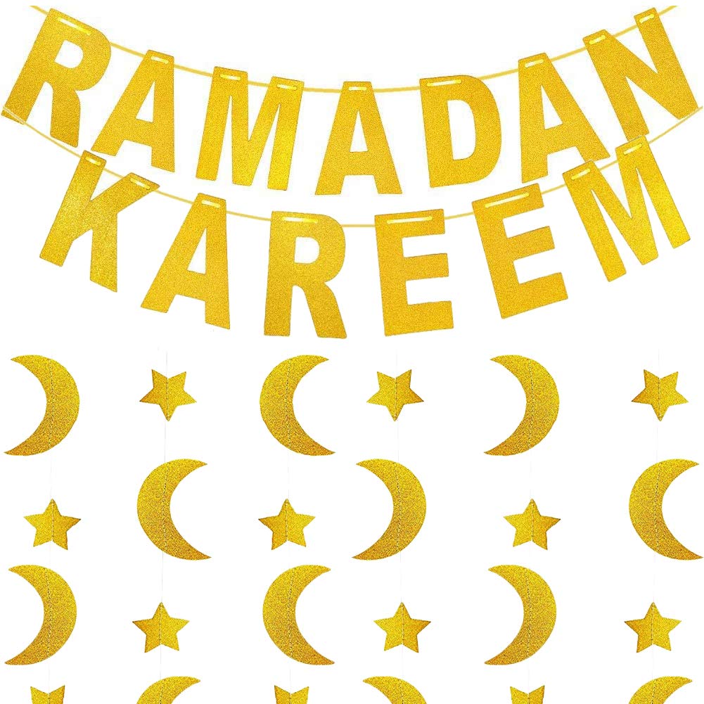 SLONLI Ramadan Decorations for Home - Gold Moon & Star Banner, Eid Party Supplies - Perfect for Ramadan Kareem Celebrations, Home Decor & Festive Gatherings