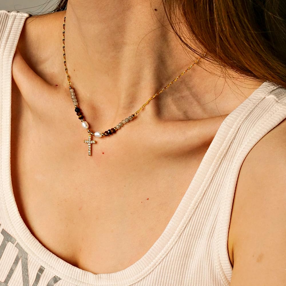 Gold Cross Necklace for Women - Handmade Gemstone Choker with Pearl Beads | Elegant Birthday Gift & Good Luck Jewelry | Perfect for Church, Weddings & Special Occasions