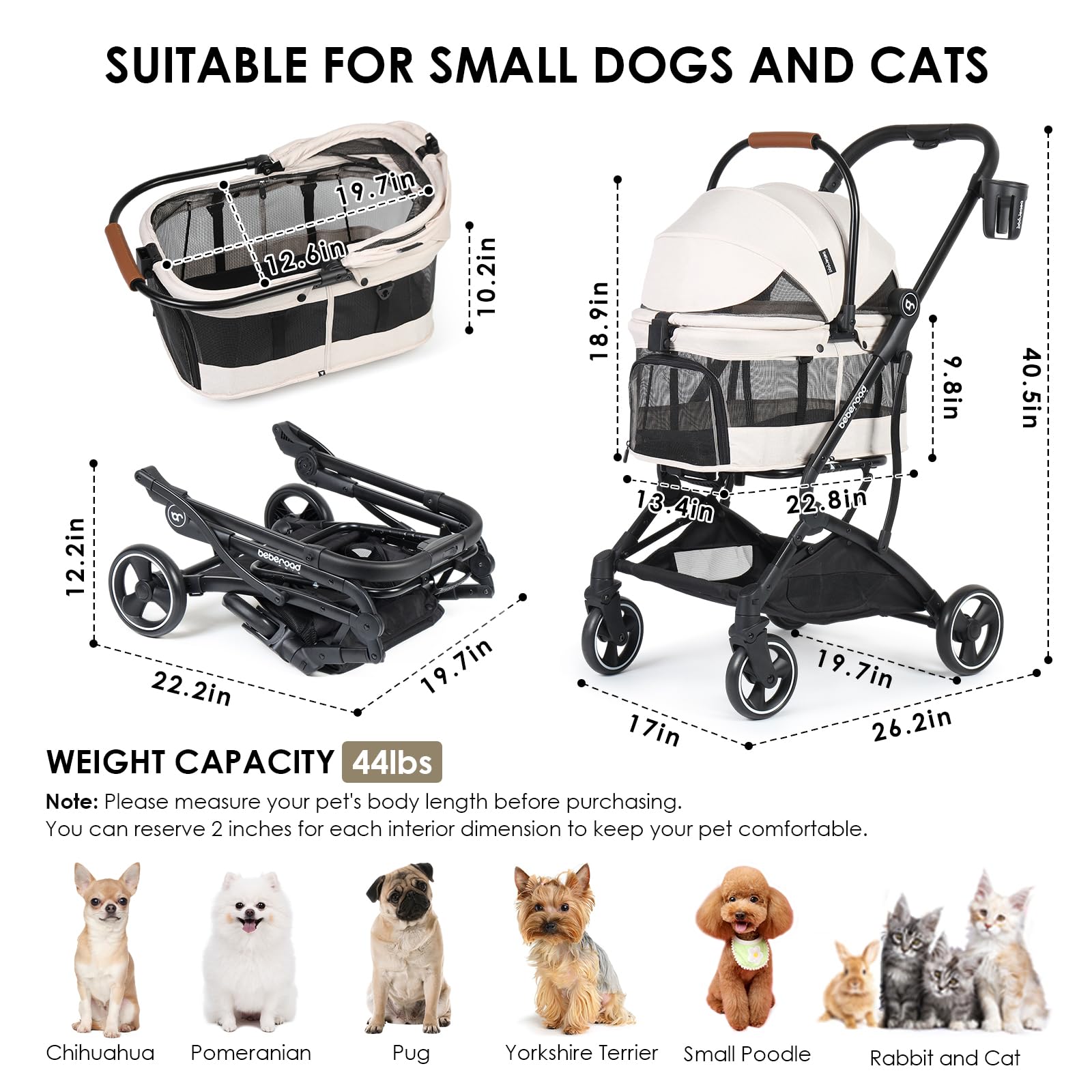 T3 3-in-1 Small Pet Stroller for Dogs & Cats - Lightweight 4-Wheel Travel Carrier with Removable Pad, Canopy & Cup Holder - Beige | Perfect for Vet Visits, Park Walks & Shopping Trips