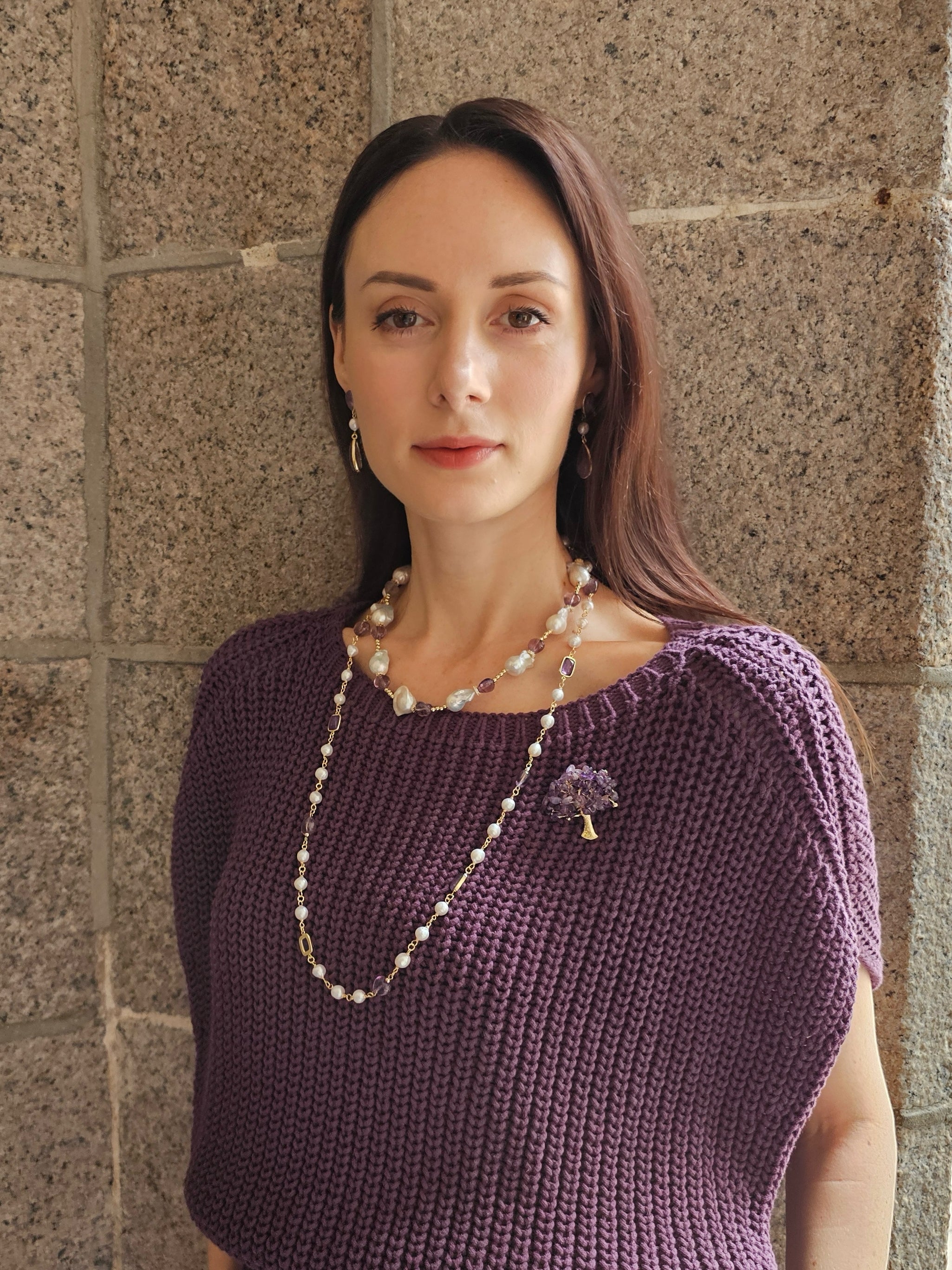 Elegant Freshwater Pearl & Amethyst Beaded Long Necklace for Women | NN023 | Perfect for Weddings, Parties & Special Occasions