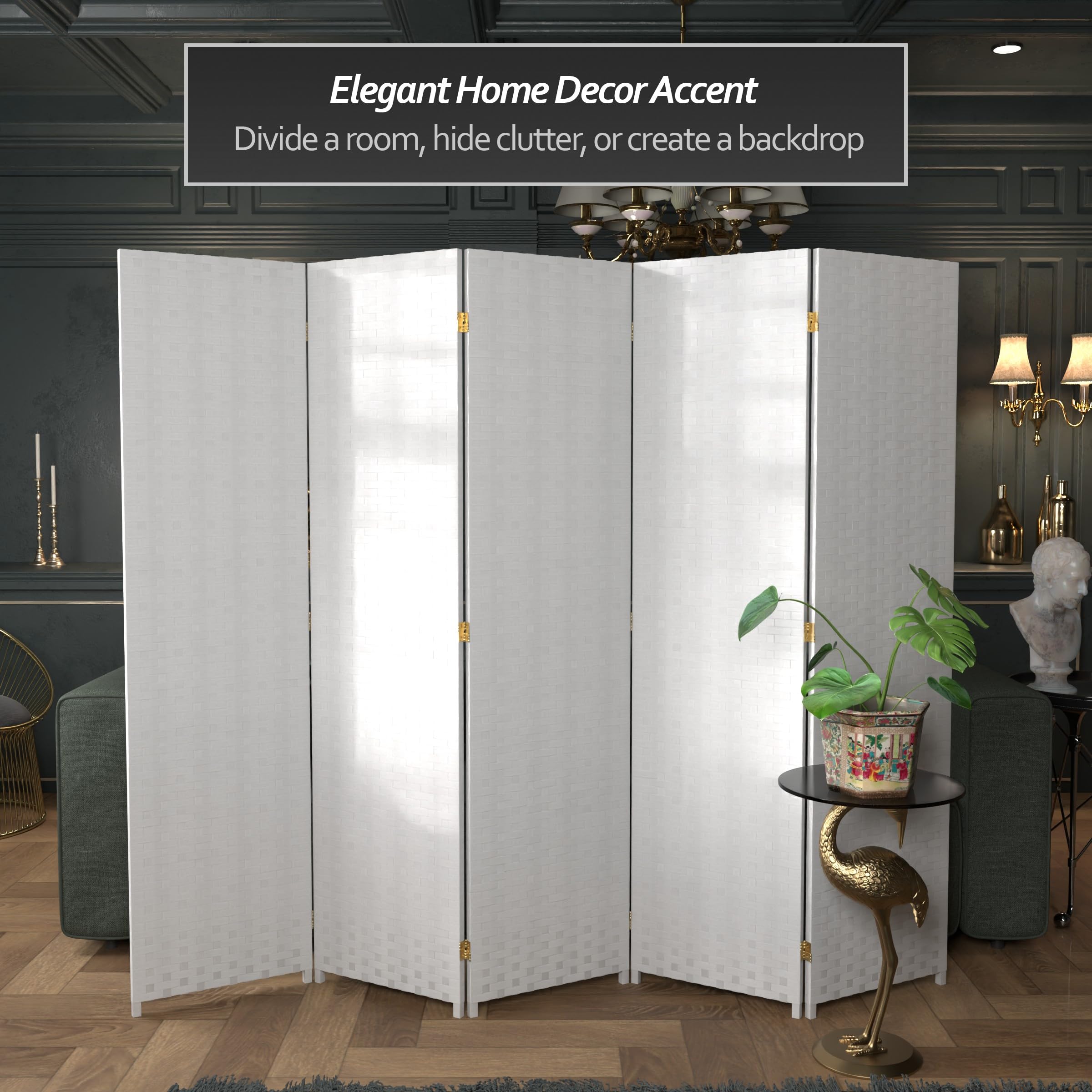 6 ft. Tall White Woven Fiber Room Divider - 5 Panel Red Lantern Design for Home Decor, Office Partition & Event Backdrop | Indoor Privacy Screen & Asian-Inspired Room Separator