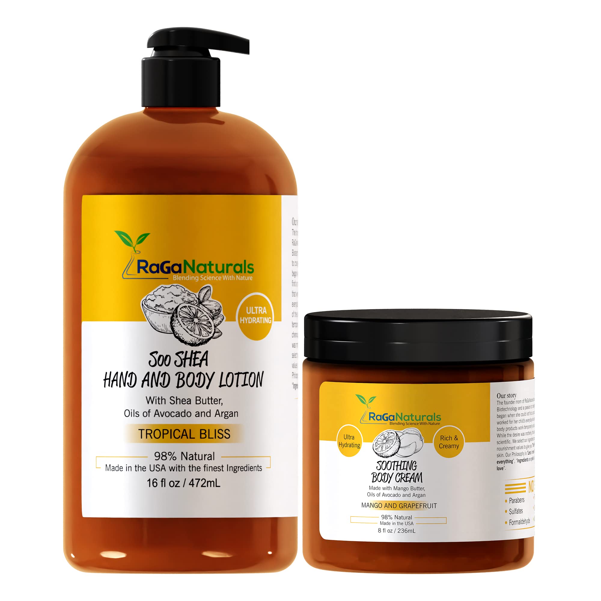 RaGaNaturals Tropical Body Lotion 16oz & Body Cream 8oz - Ultra Hydrating Moisturizer for Women, Men, Babies & Kids | Dry Skin Care for All Seasons, Daily Hydration for Family Use