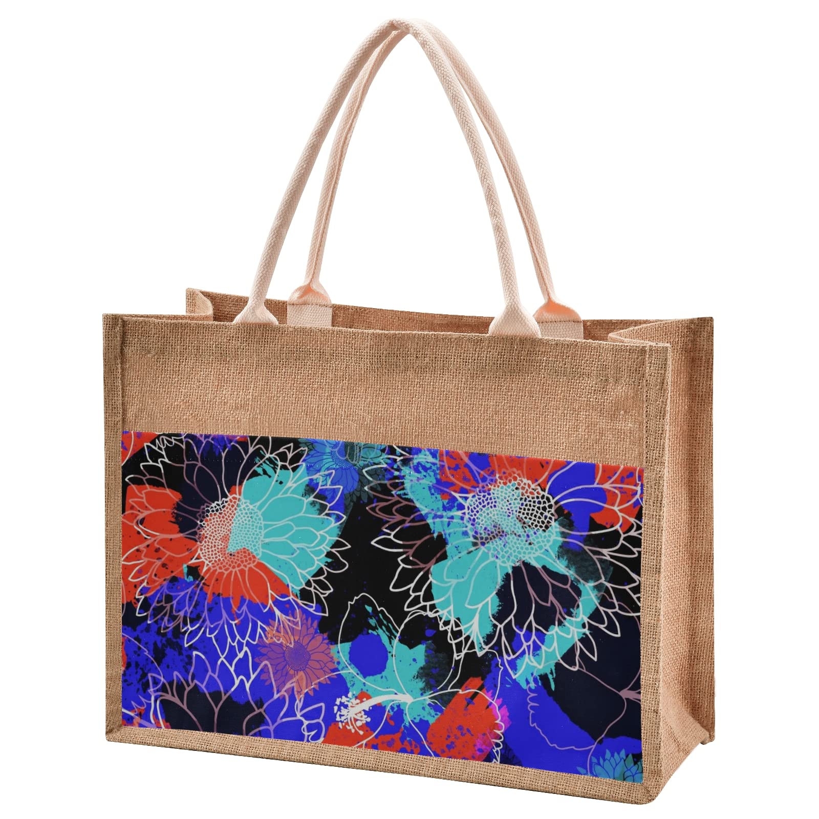 Eco-Friendly Mixed Flower Jute Tote Bag with Handle - Natural Burlap Beach Bag for Women | Perfect for Grocery Shopping, Farmers Market & Summer Outings