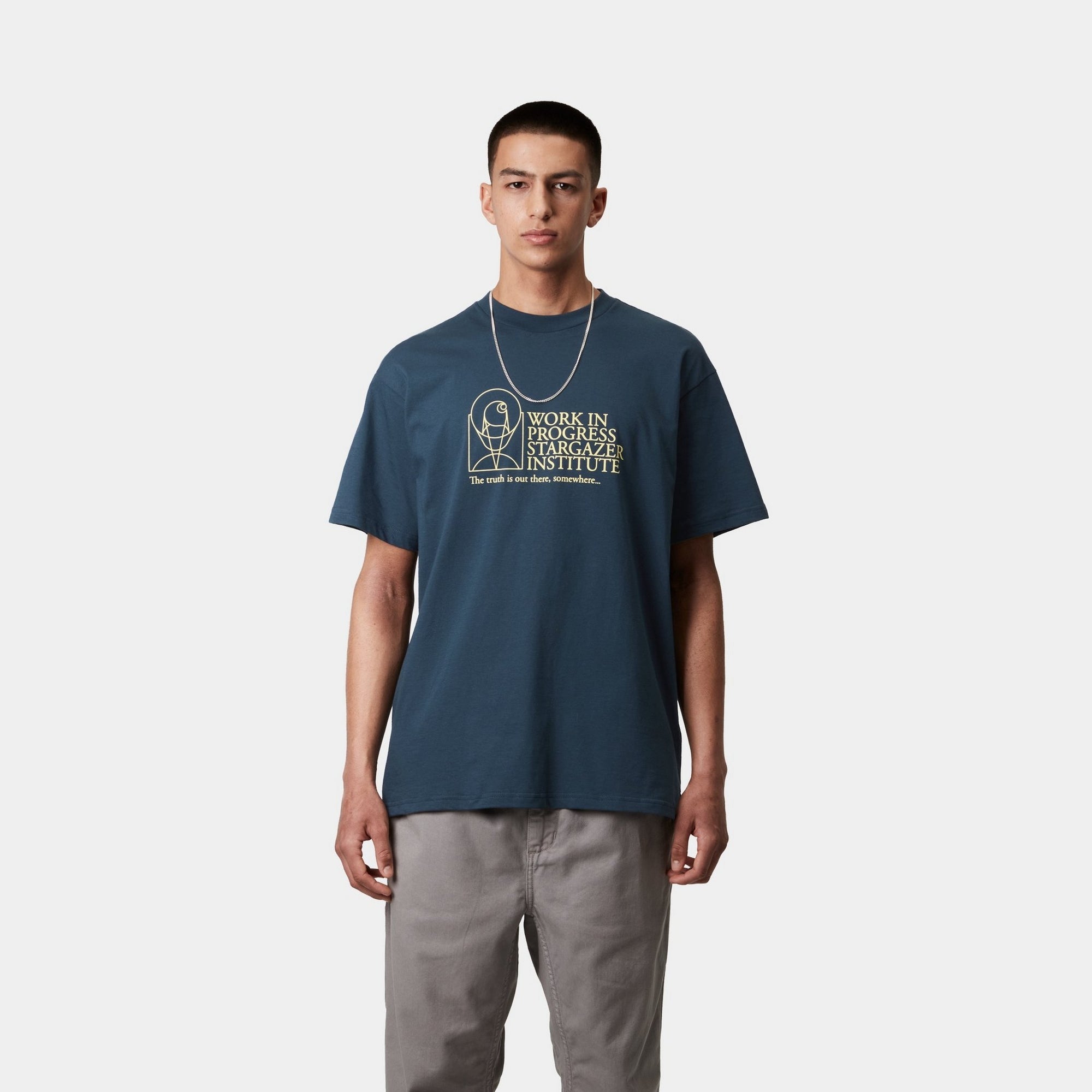 Stargazer Graphic T-Shirt for Men & Women - Soft Cotton Vintage Space Print Tee in Dusky Blue & Yellow | Casual Wear, Gift Idea, Astronomy Lovers