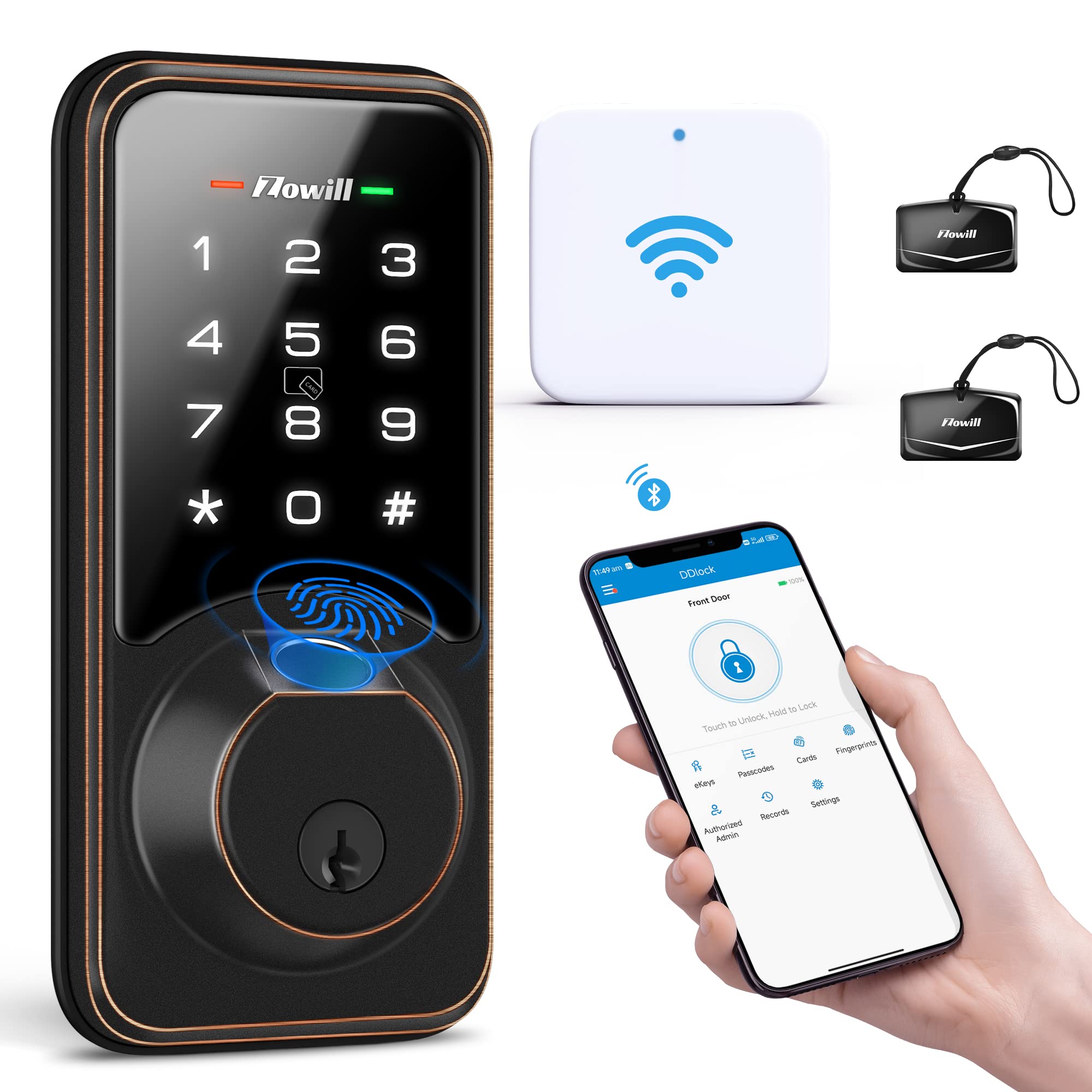 Zowill 7-in-1 WiFi Smart Deadbolt Lock - Fingerprint, Keypad, APP & Voice Control for Keyless Entry | Smart Home Security for Front Doors | Perfect for Vacation Homes, Airbnb Rentals & Family Safety