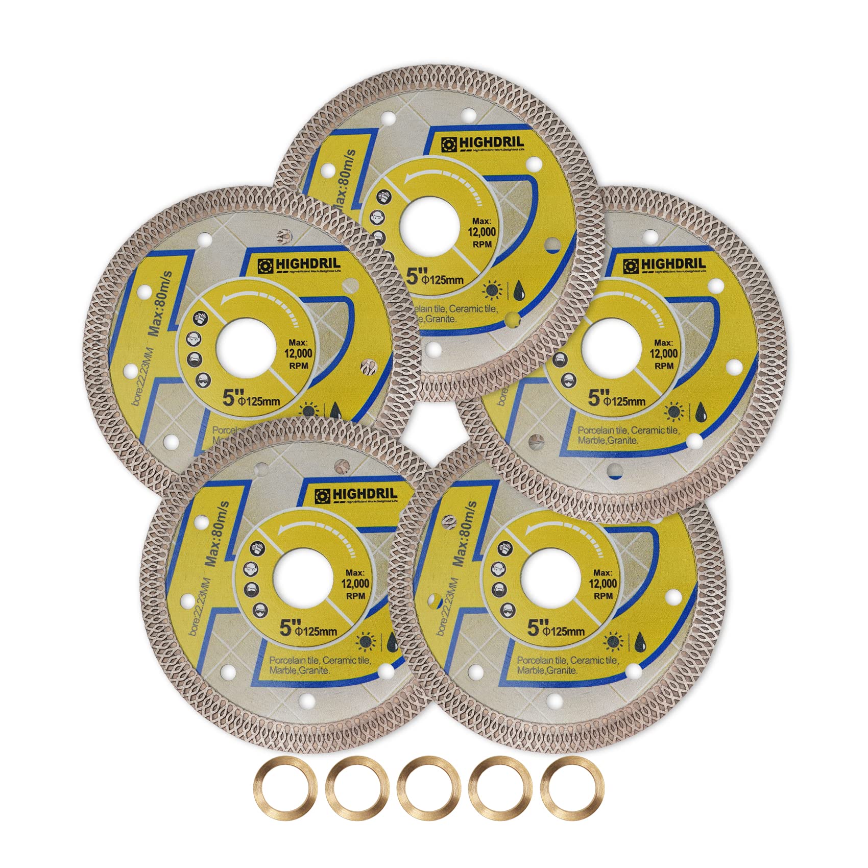 5 Inch Diamond Saw Blade Set - 5pcs Premium Diamond Tile Cutting Disc for Porcelain, Ceramic, Granite & Marble - Dry/Wet Use Turbo X Mesh Circular Saw Blades - Perfect for Home Renovation, Tile Installation & DIY Projects
