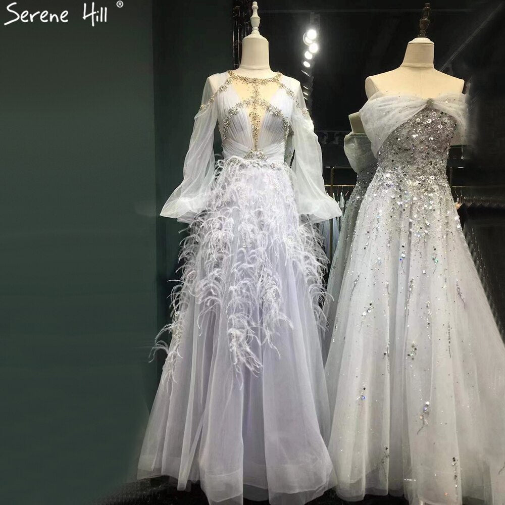 Elegant Grey A-Line Evening Gown with Long Sleeves & Diamond Feather Details - Women's Luxury Party Dress for Formal Events, Galas & Special Occasions - Serene Hill Collection LA71495