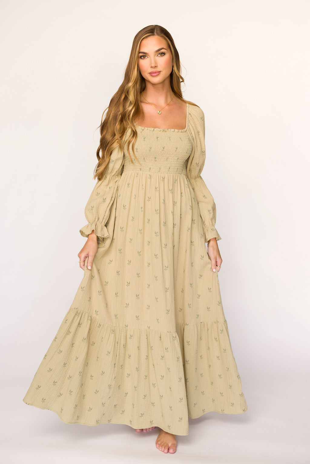 Emerson 100% Cotton Gauze Maxi Dress in Thyme - Bump Friendly Maternity Dress for Pregnancy, Nursing & Postpartum | Comfortable Summer Boho Dress for Beach, Vacation & Casual Wear