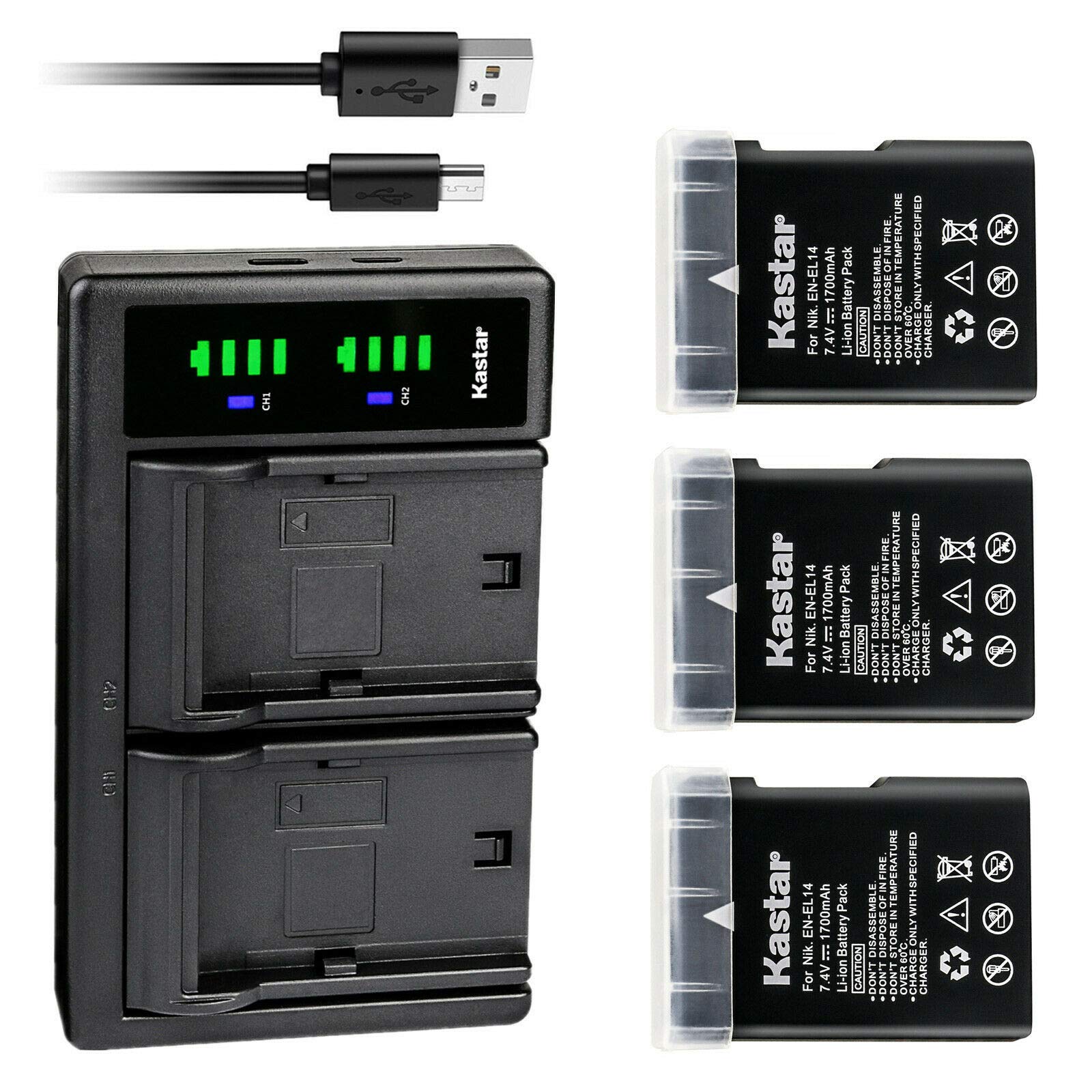 Kastar 3-Pack EN-EL14 Rechargeable Battery & LTD2 USB Charger Compatible with Nikon D5500, D5600, Df DSLR & Coolpix P7000/P7100/P7700 Cameras - Perfect for Travel, Photography & Backup Power