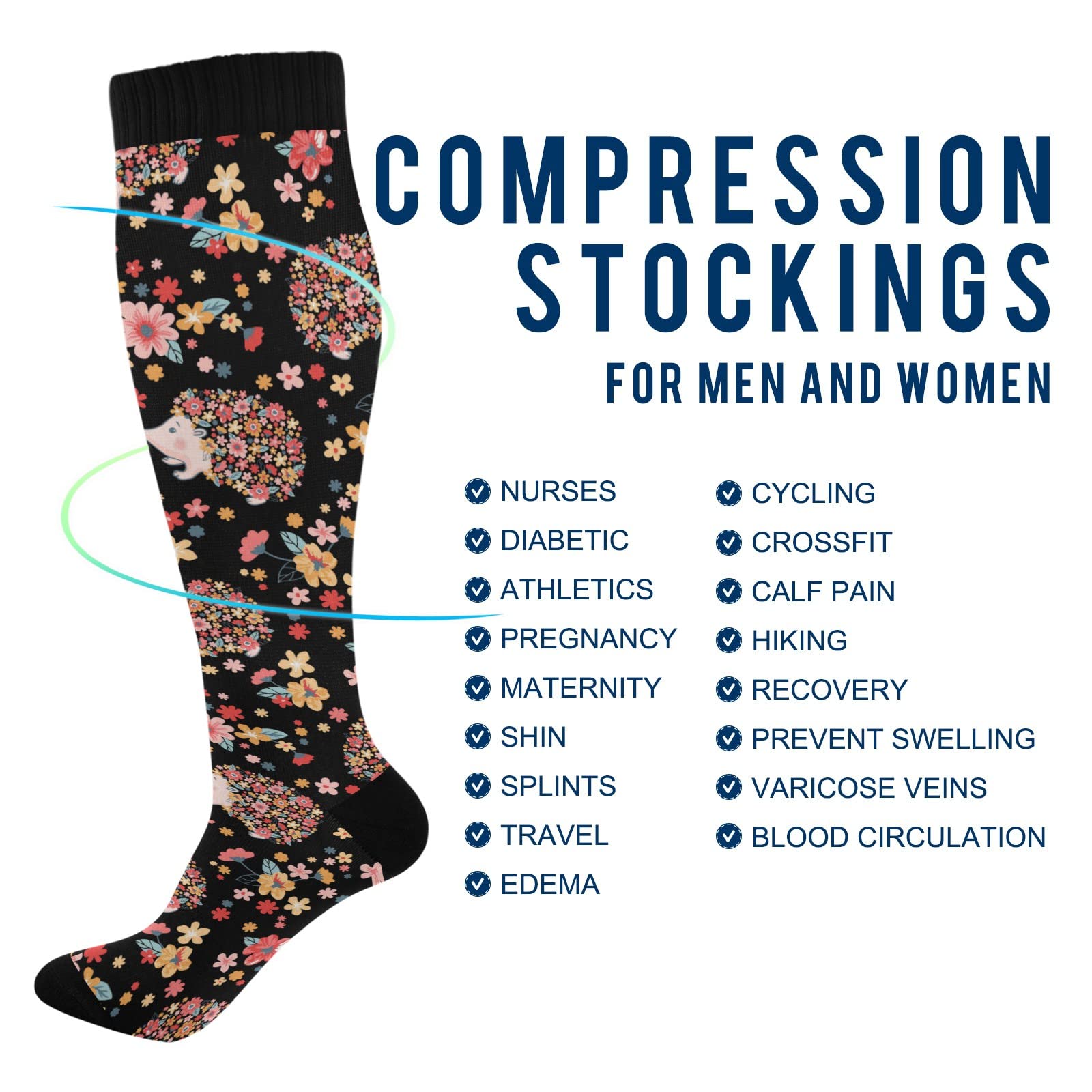 JUNZAN Bees Sunflower Compression Socks for Women & Men - Breathable Athletic Socks for Running, Cycling, Nursing - Improves Blood Circulation & Reduces Swelling - Perfect for Sports, Work & Daily Wear