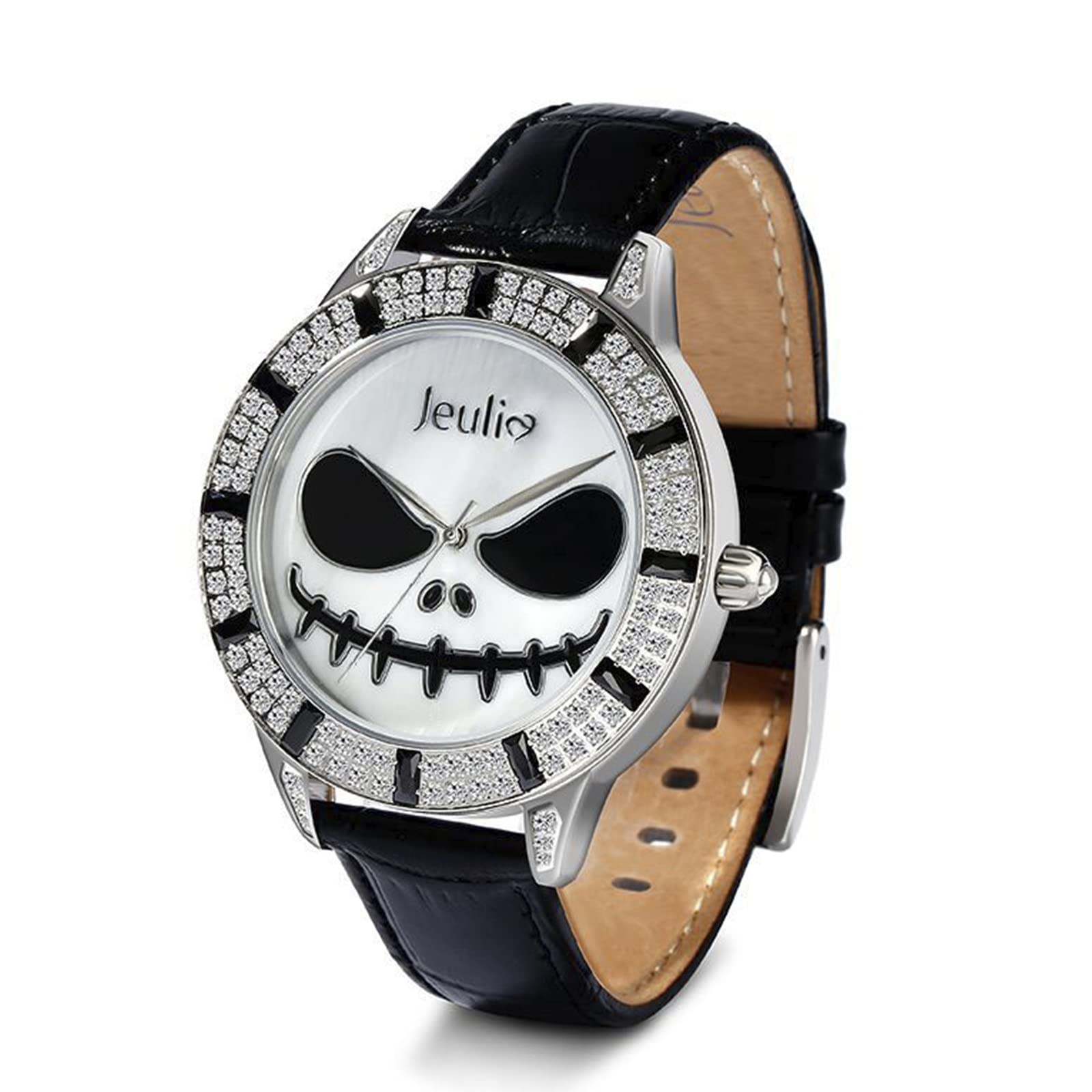 Jeulia Women's Skull Watch with Diamond Accents - Slim Black Leather Strap, Quartz Movement, Mother-of-Pearl Dial - Unisex Fashion Watch for Business & Sports | Perfect Gift for Halloween, Gothic Style & Everyday Wear