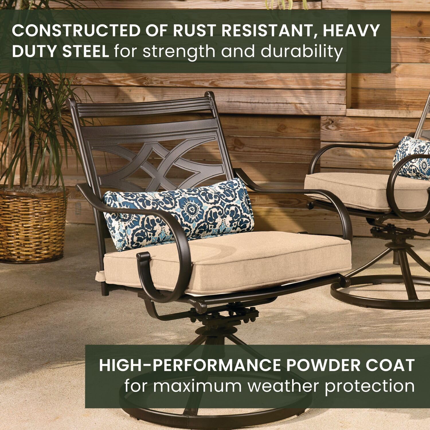Hanover Montclair 7-Piece Outdoor Dining Set with 6 Swivel Rocking Chairs, Tan Cushions & Durable Steel Table - All-Weather Patio Furniture for Deck, Garden, Backyard - Perfect for Family BBQs, Outdoor Entertaining and Relaxing