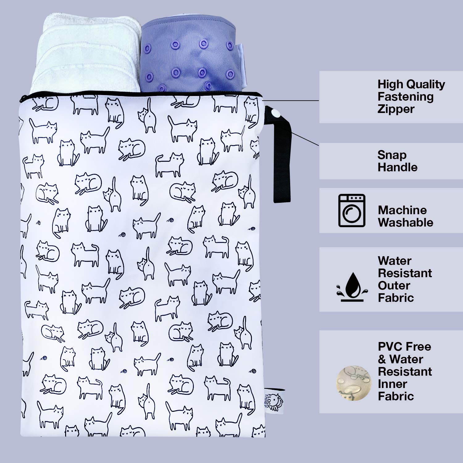 FLOCK THREE Washable Reusable Wet Bag - Waterproof Diaper Bag, Swim Bag & Travel Toiletries Organizer with Zipper (12.6