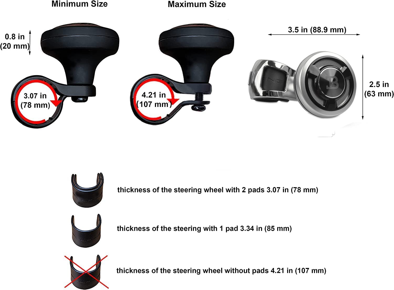 BL Universal Steering Wheel Spinner Knob - Non-Slip ABS with Chrome Plated Finish, Metal Ball Bearing for Easy Installation (Silver Platinum) - Perfect for Truck, Tractor & Disability Driving Assistance