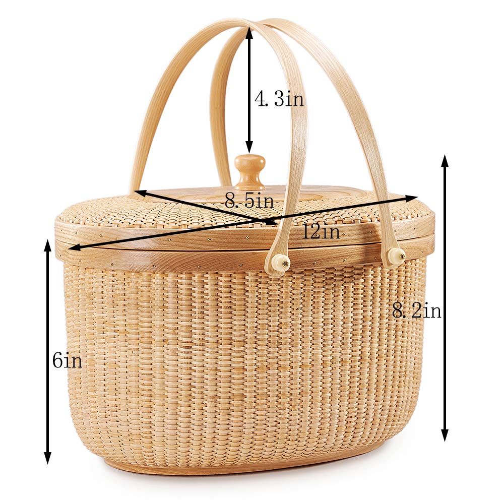 Handmade Nantucket Style Rattan Picnic Basket with Swing Handles - Woven Sewing Storage Tote Bag for Women - Perfect for Beach Outings, Picnics & Home Decor